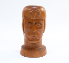 Modernist Carved Wooden Head, Man with Helmet