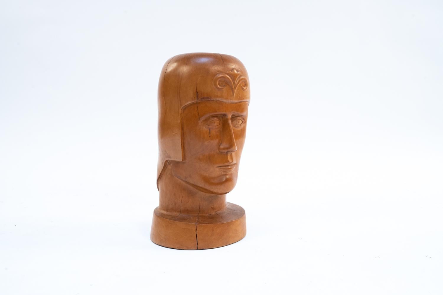 Modernist Carved Wooden Head, Man with Helmet In Good Condition For Sale In Norwalk, CT