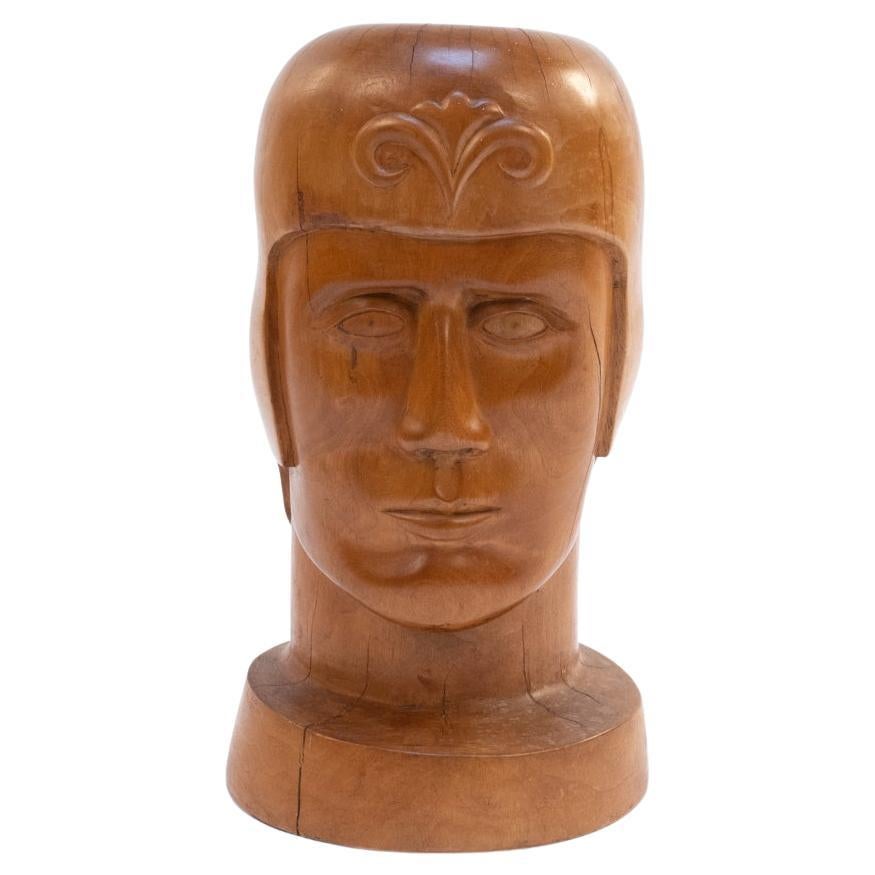 Modernist Carved Wooden Head, Man with Helmet For Sale