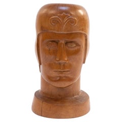 Modernist Carved Wooden Head, Man with Helmet