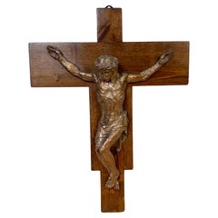 Modernist Cast Bronze Crucifix on Walnut Cross, French or Belgian, Circa 1960s