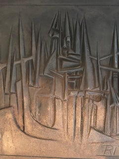 Modernist Cast Iron Fireback, French, Signed Stern 'Foundry' by R.Deret, 1982