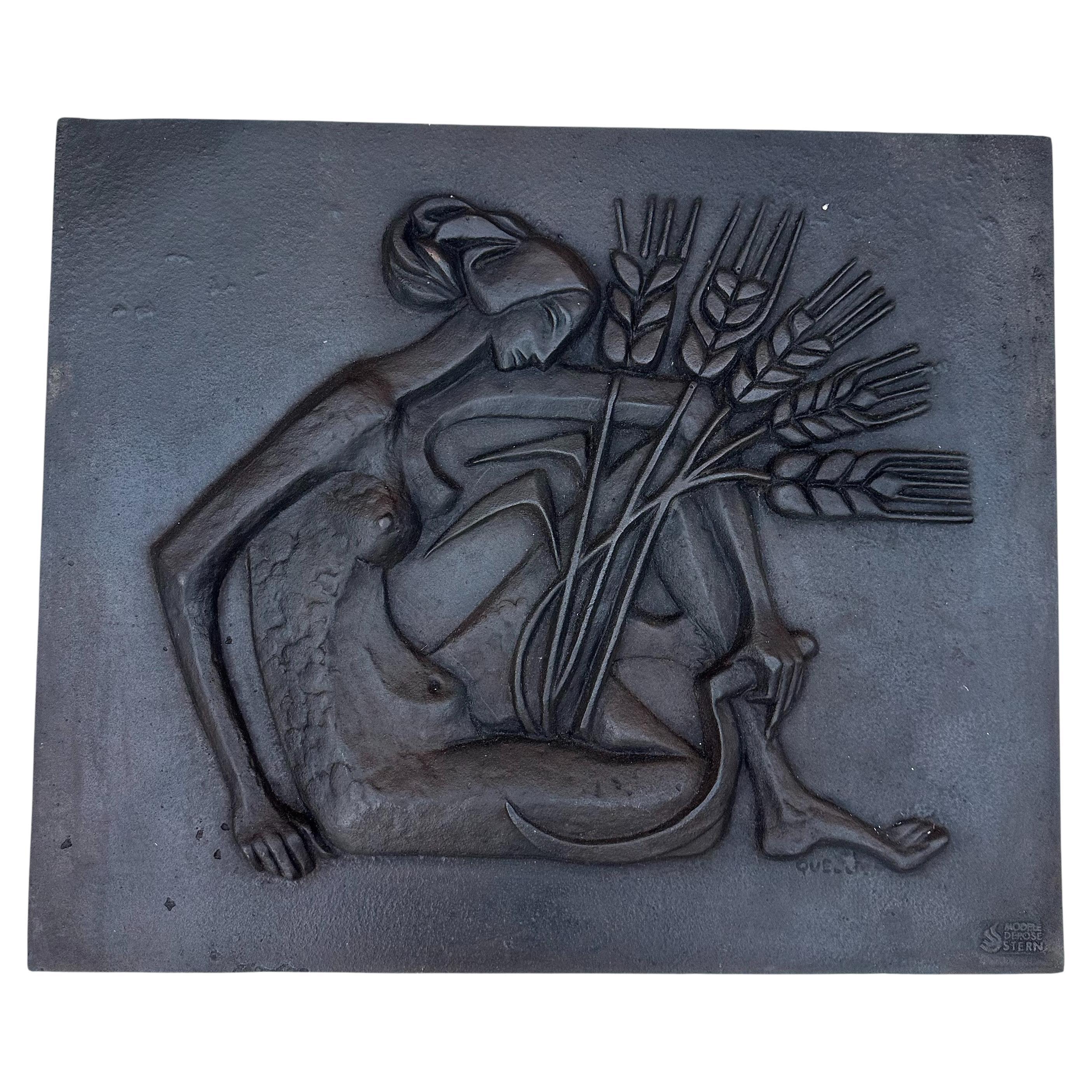 Modernist Cast Iron Fireback Representing a Nude Woman with a Scythe and Ears of