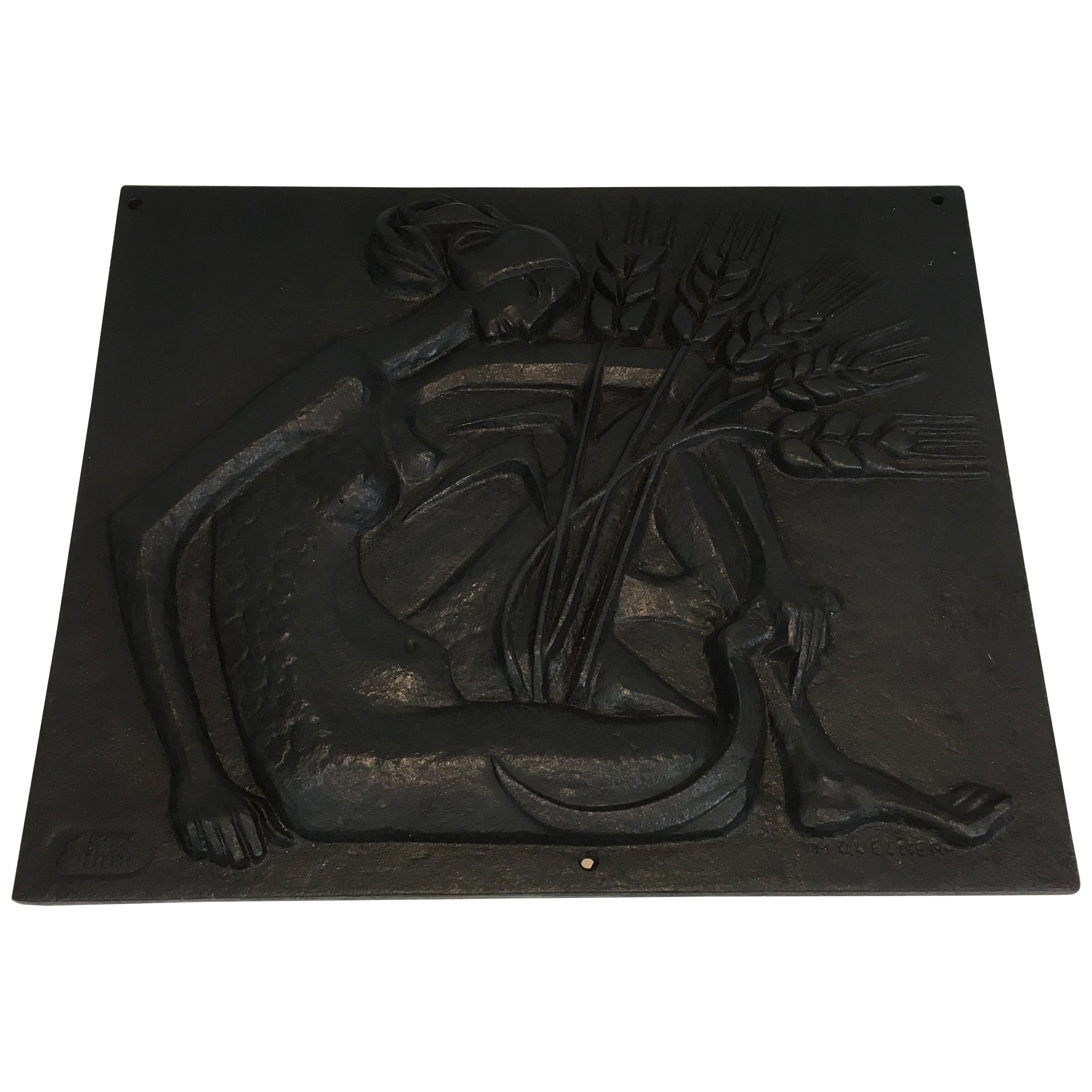 Modernist Cast Iron Fireback Representing a Stylized Nude Woman Signed Quellier For Sale