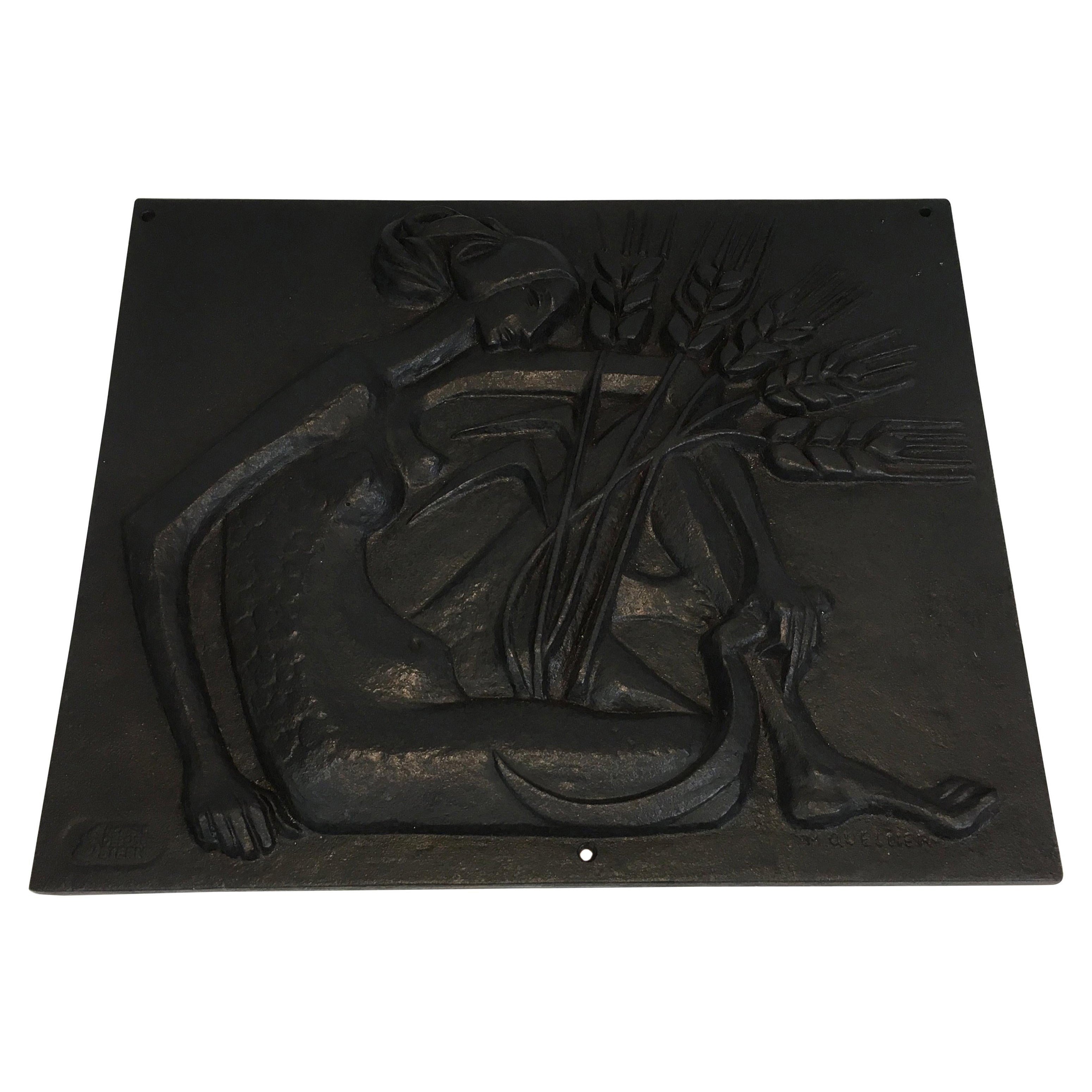 Modernist Cast Iron Fireback Representing a Stylized Nude Woman Signed Quellier