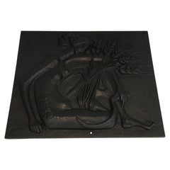 Modernist Cast Iron Fireback Representing a Stylized Nude Woman Signed Quellier