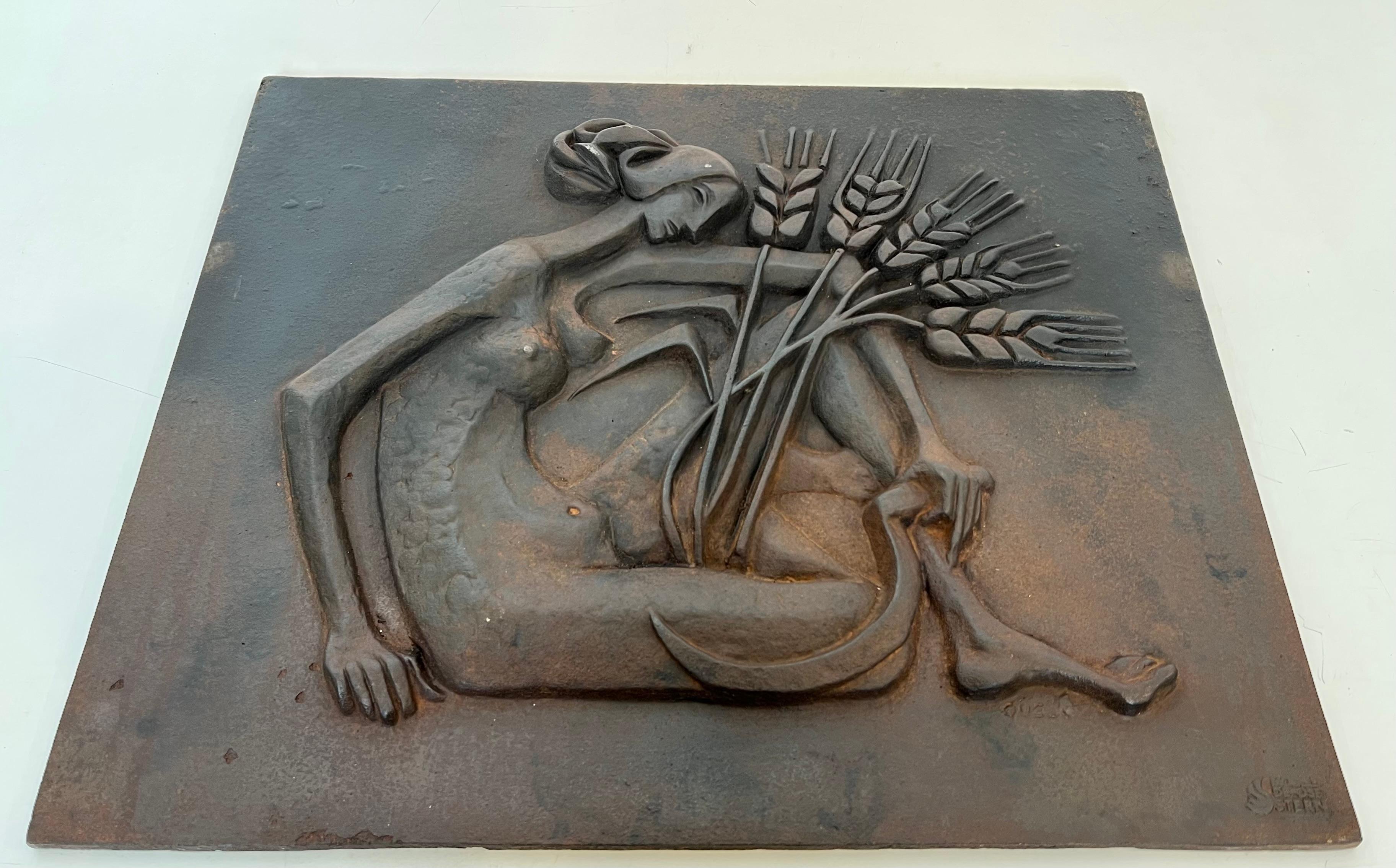 Modernist Cast Iron Fireback Representing a Woman with a Scythe & Ears of Wheat For Sale 6