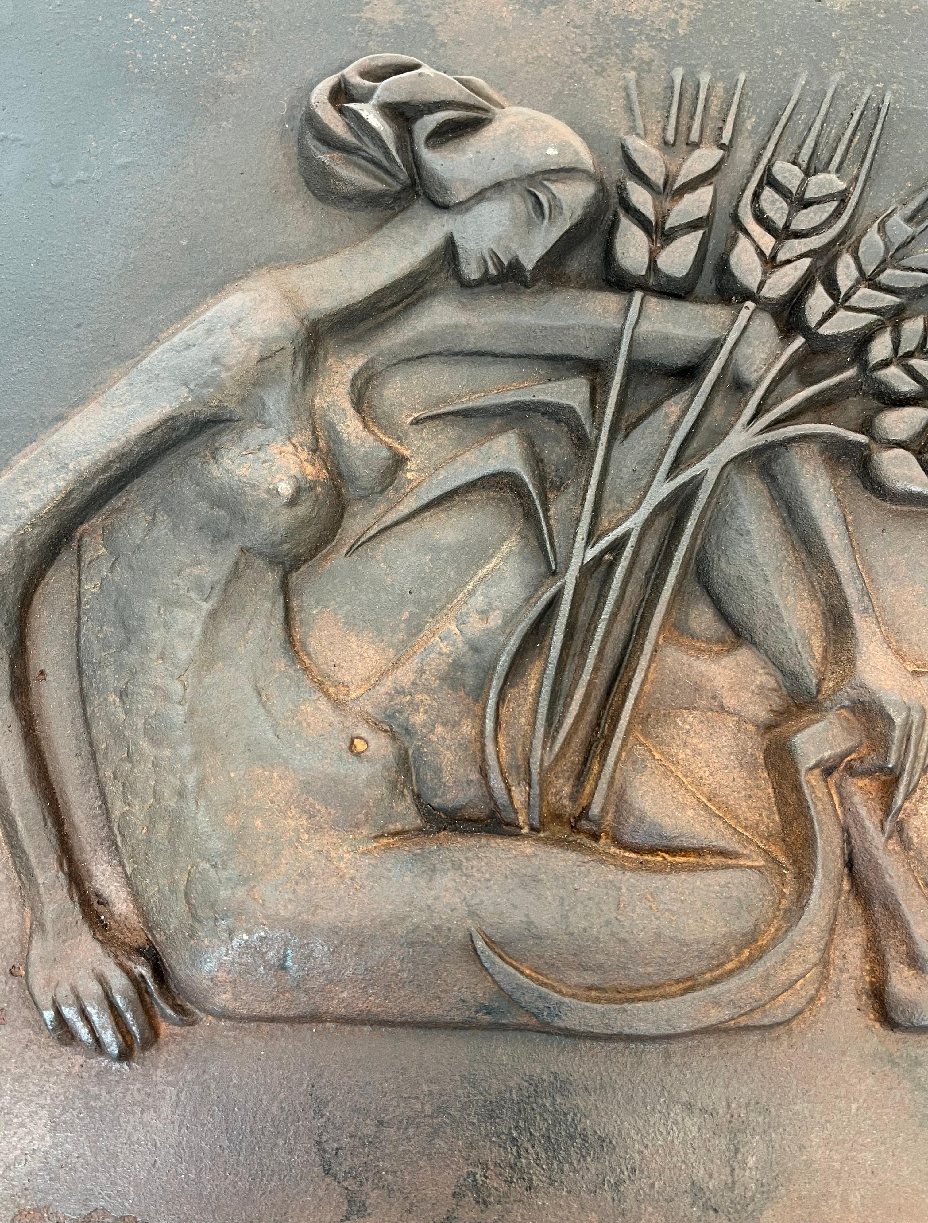 Modernist Cast Iron Fireback Representing a Woman with a Scythe & Ears of Wheat For Sale 7