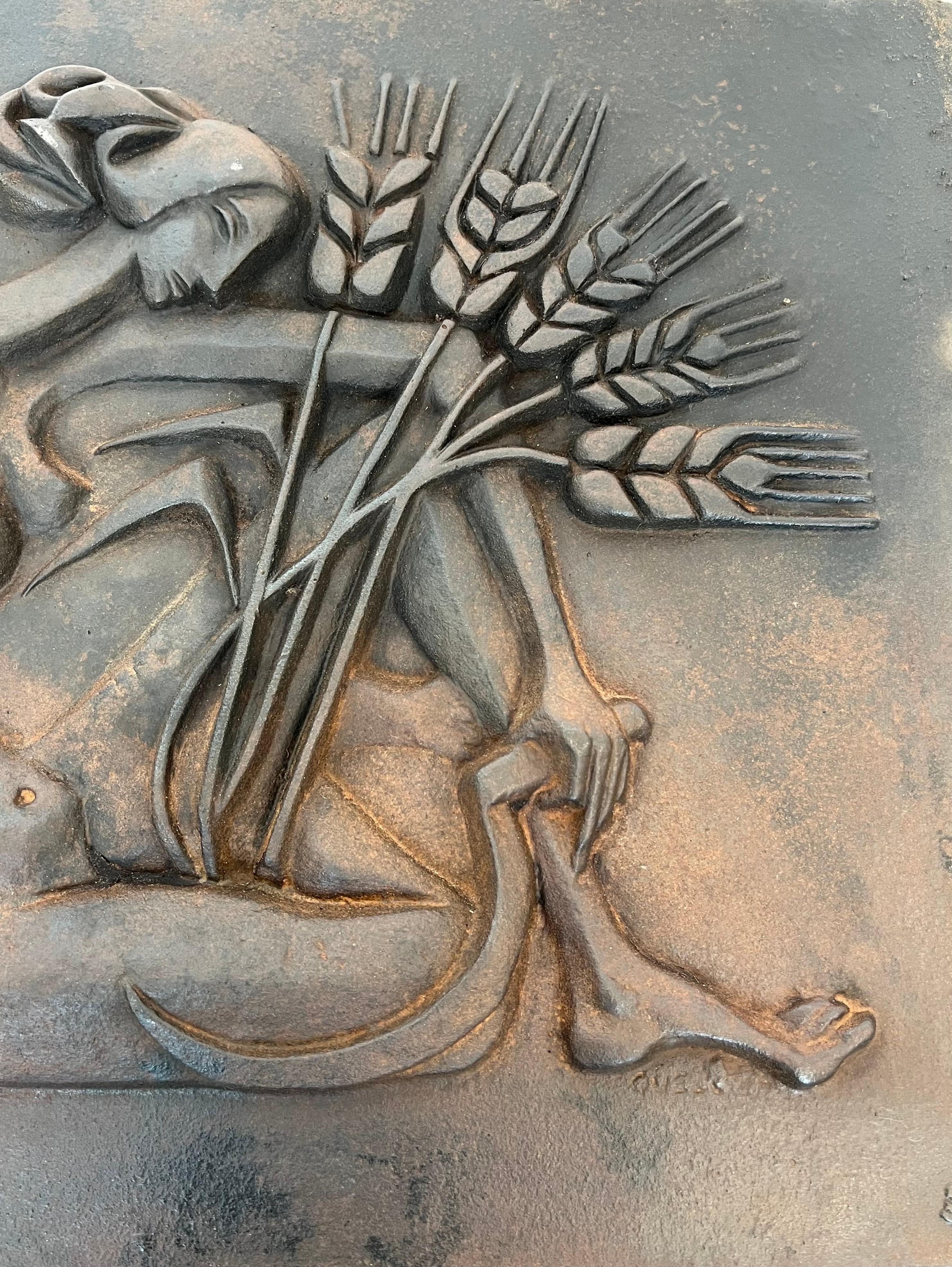 Modernist Cast Iron Fireback Representing a Woman with a Scythe & Ears of Wheat For Sale 9
