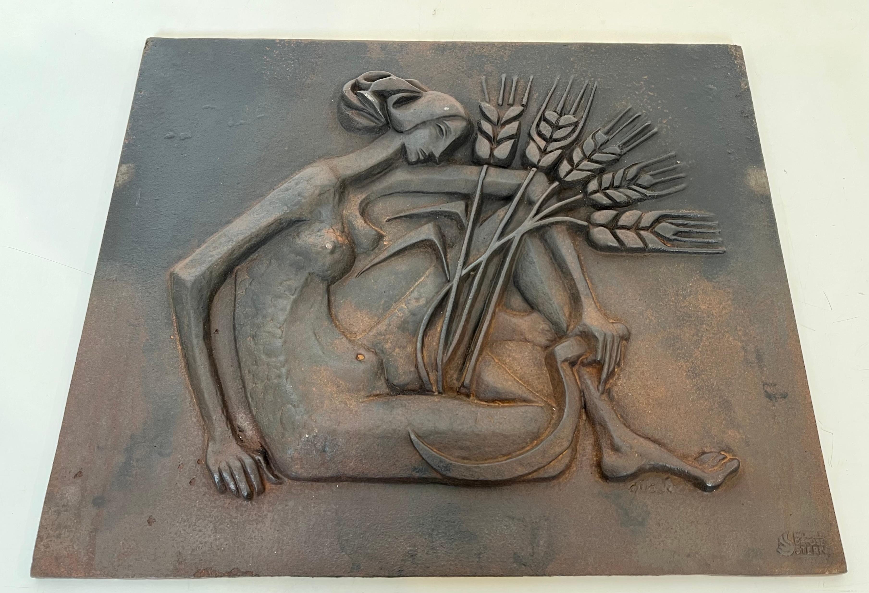Modernist Cast Iron Fireback Representing a Woman with a Scythe & Ears of Wheat For Sale 11