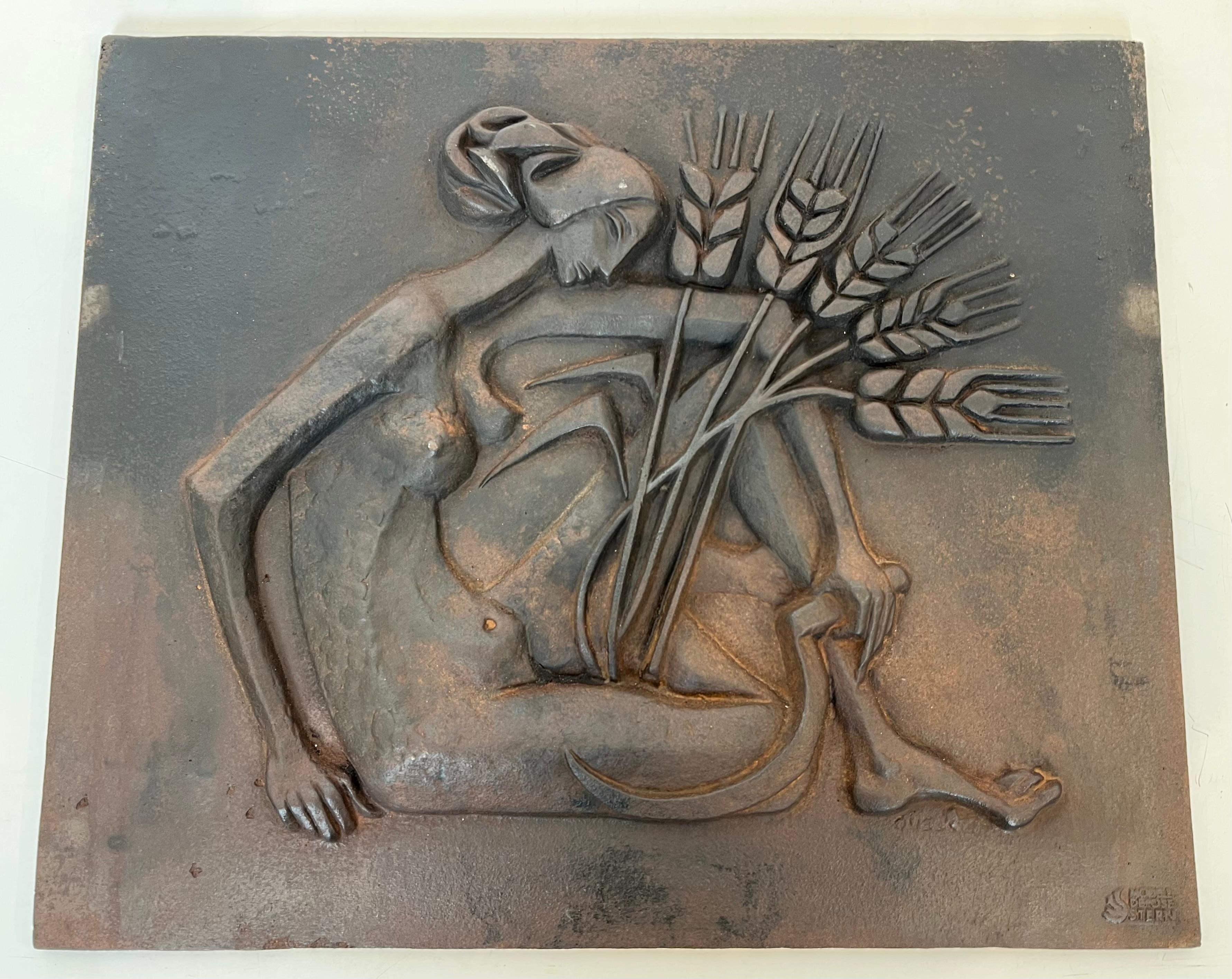 Modernist Cast Iron Fireback Representing a Woman with a Scythe & Ears of Wheat For Sale 12