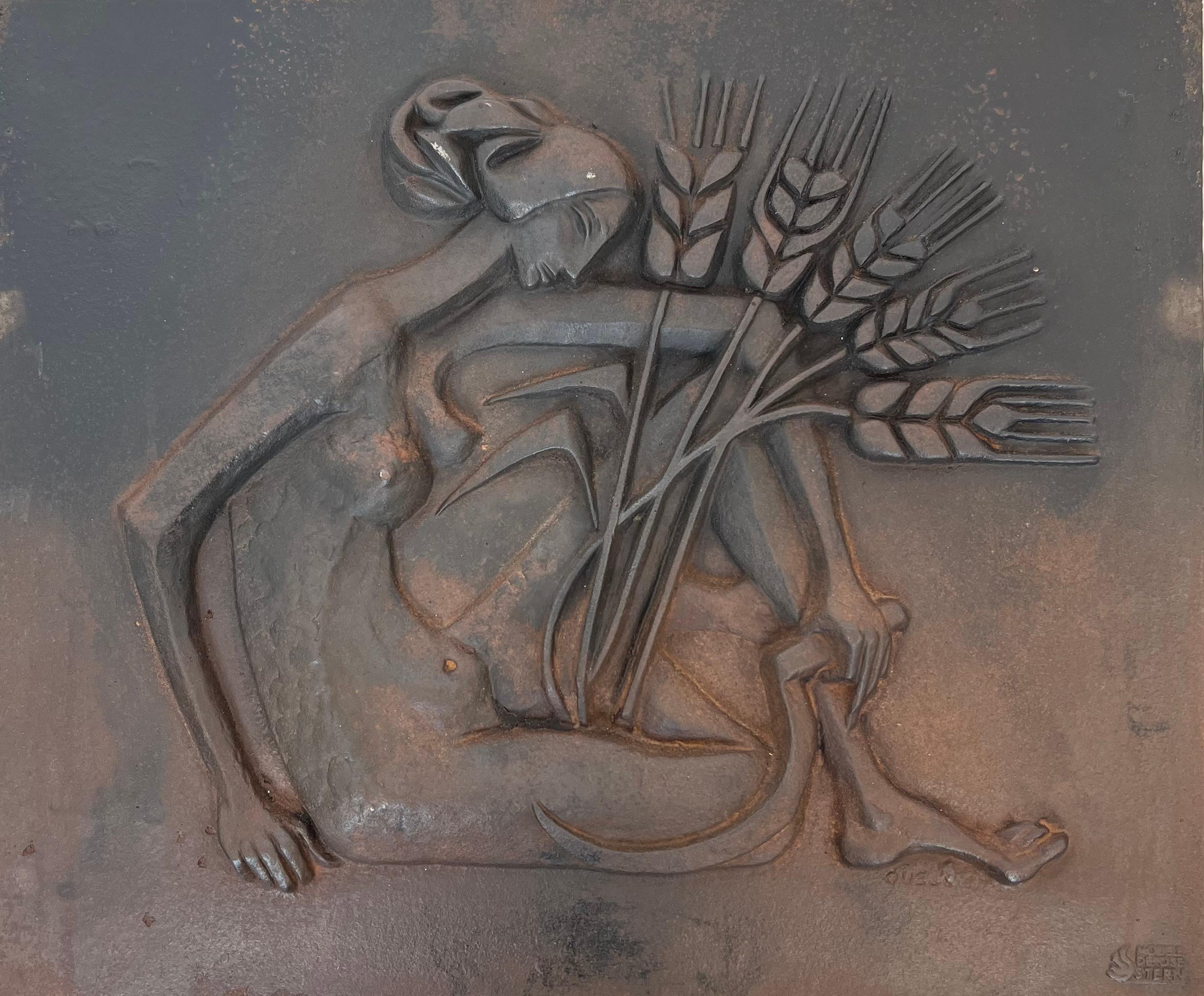 Modernist Cast Iron Fireback Representing a Woman with a Scythe & Ears of Wheat For Sale 13