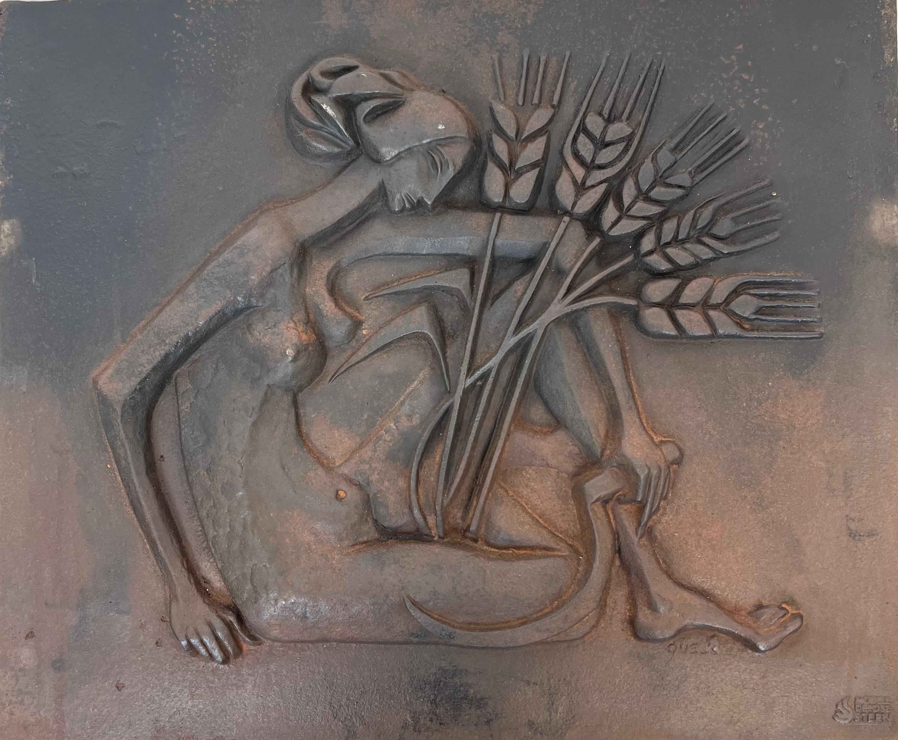 This modernist fireback is made of cast iron. It represents a nude woman with a scythe and ears of Wheat. This is a French work stamped and signed M Quellier. Circa 1950