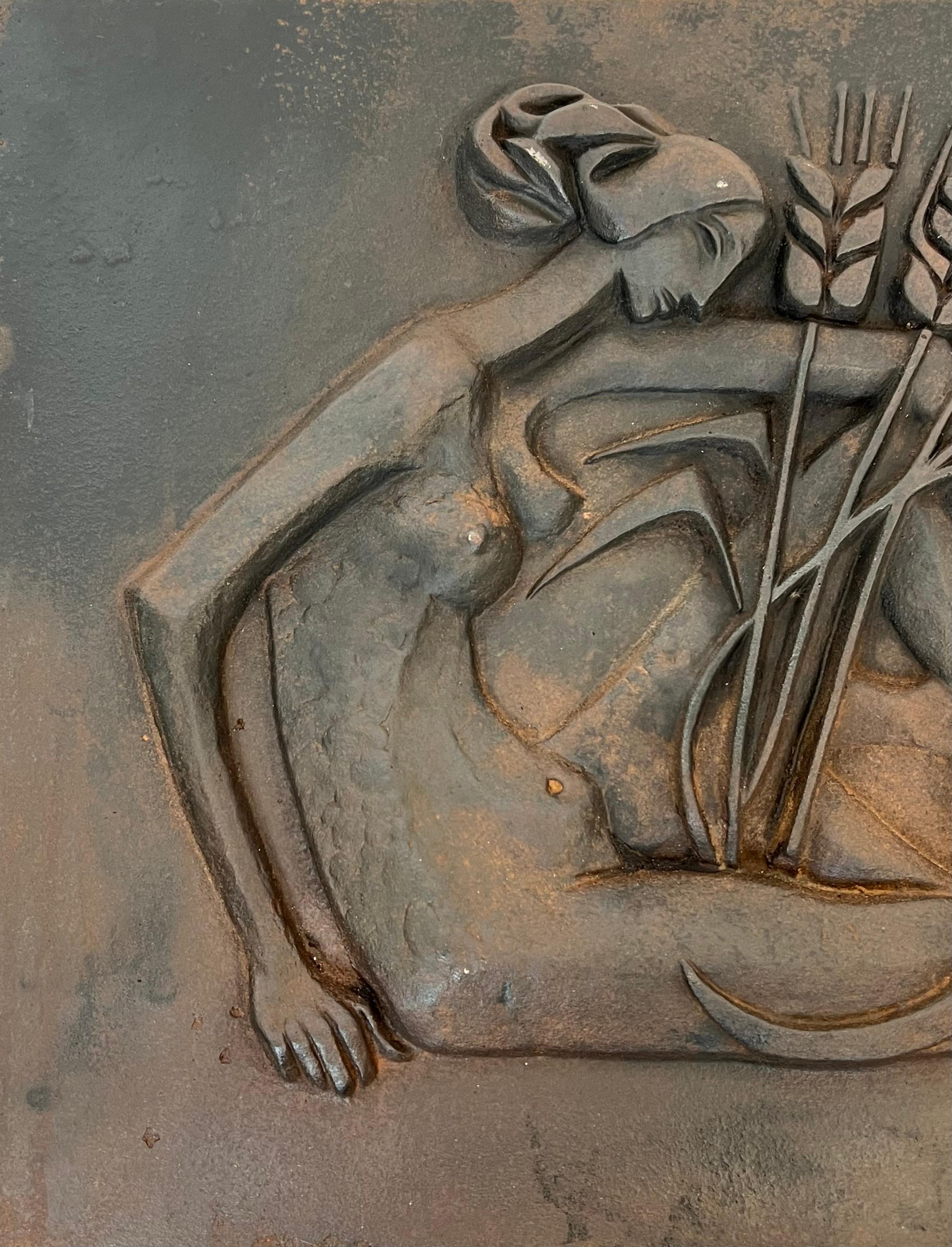 Mid-Century Modern Modernist Cast Iron Fireback Representing a Woman with a Scythe & Ears of Wheat For Sale
