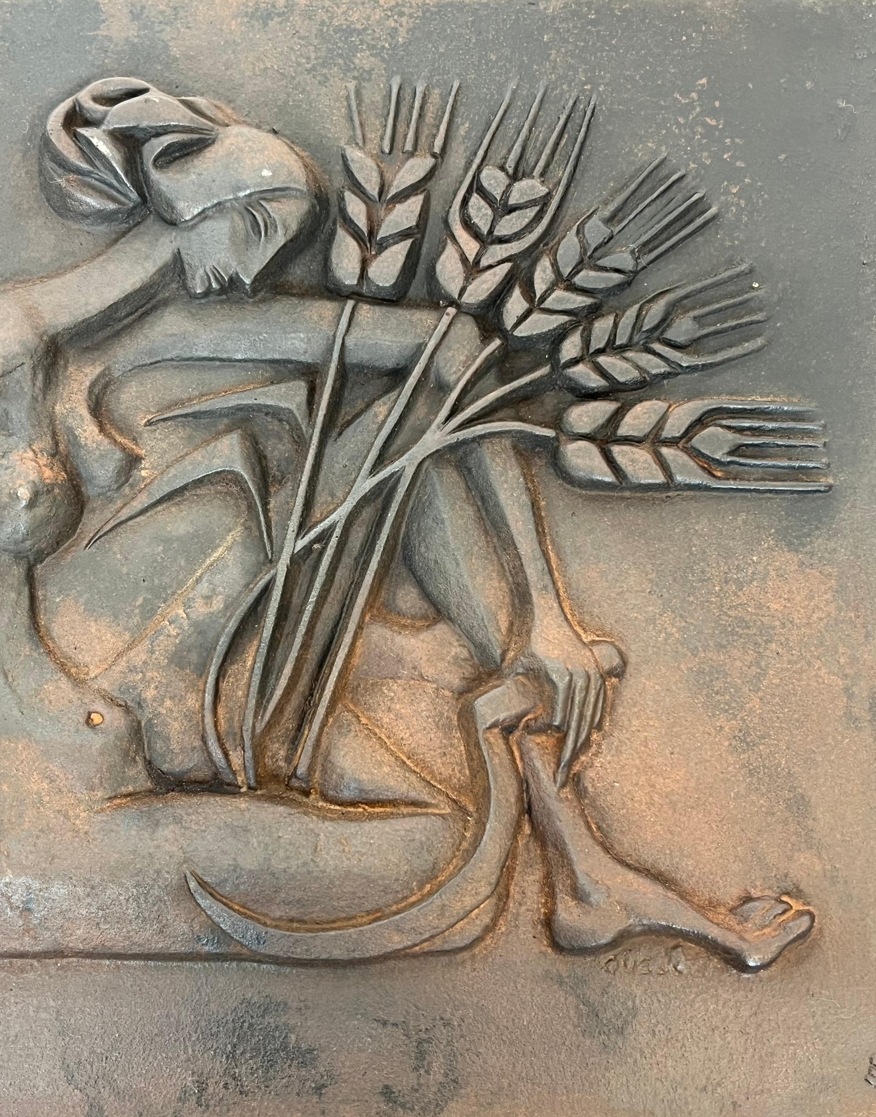 Modernist Cast Iron Fireback Representing a Woman with a Scythe & Ears of Wheat For Sale 1