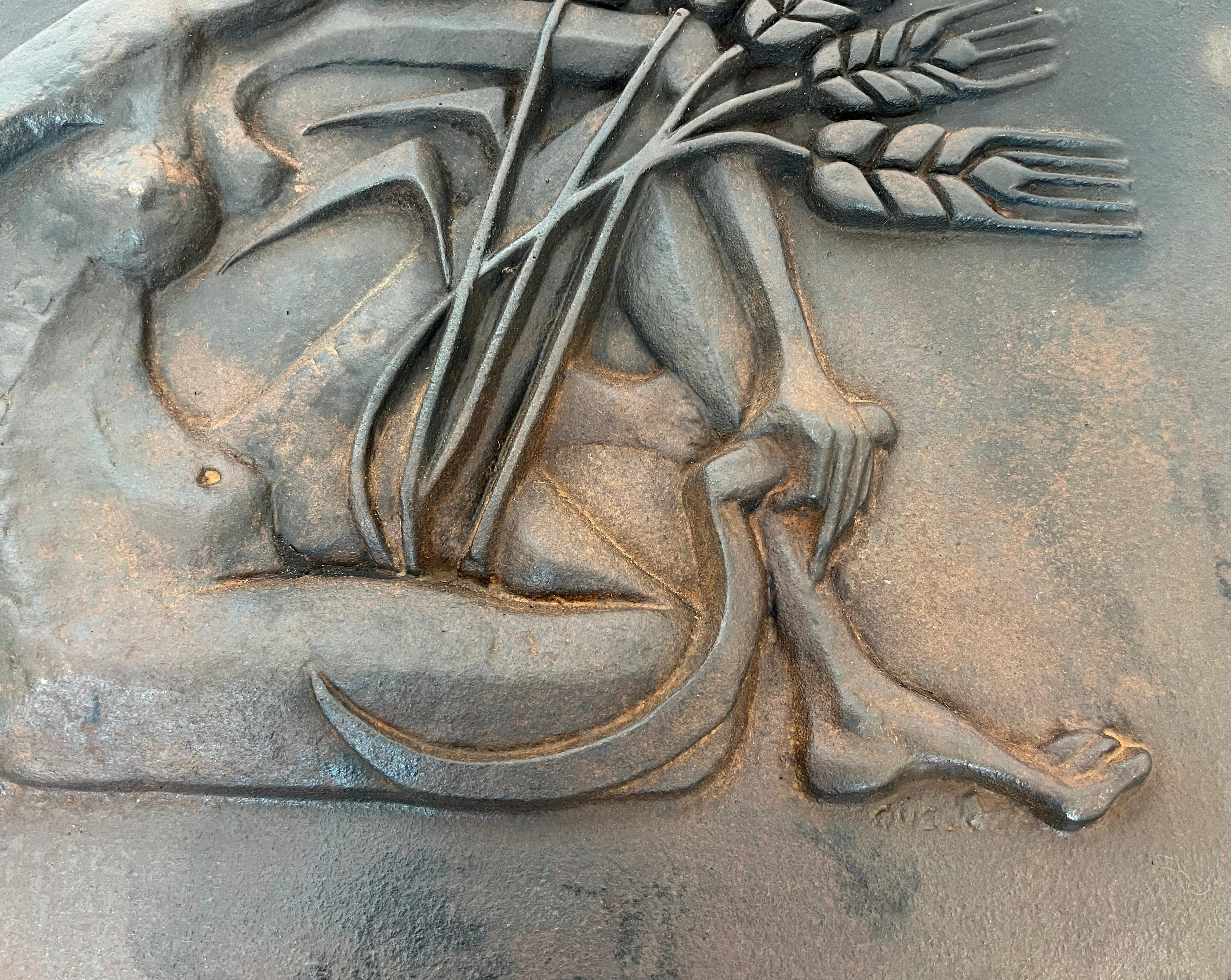 Modernist Cast Iron Fireback Representing a Woman with a Scythe & Ears of Wheat For Sale 2