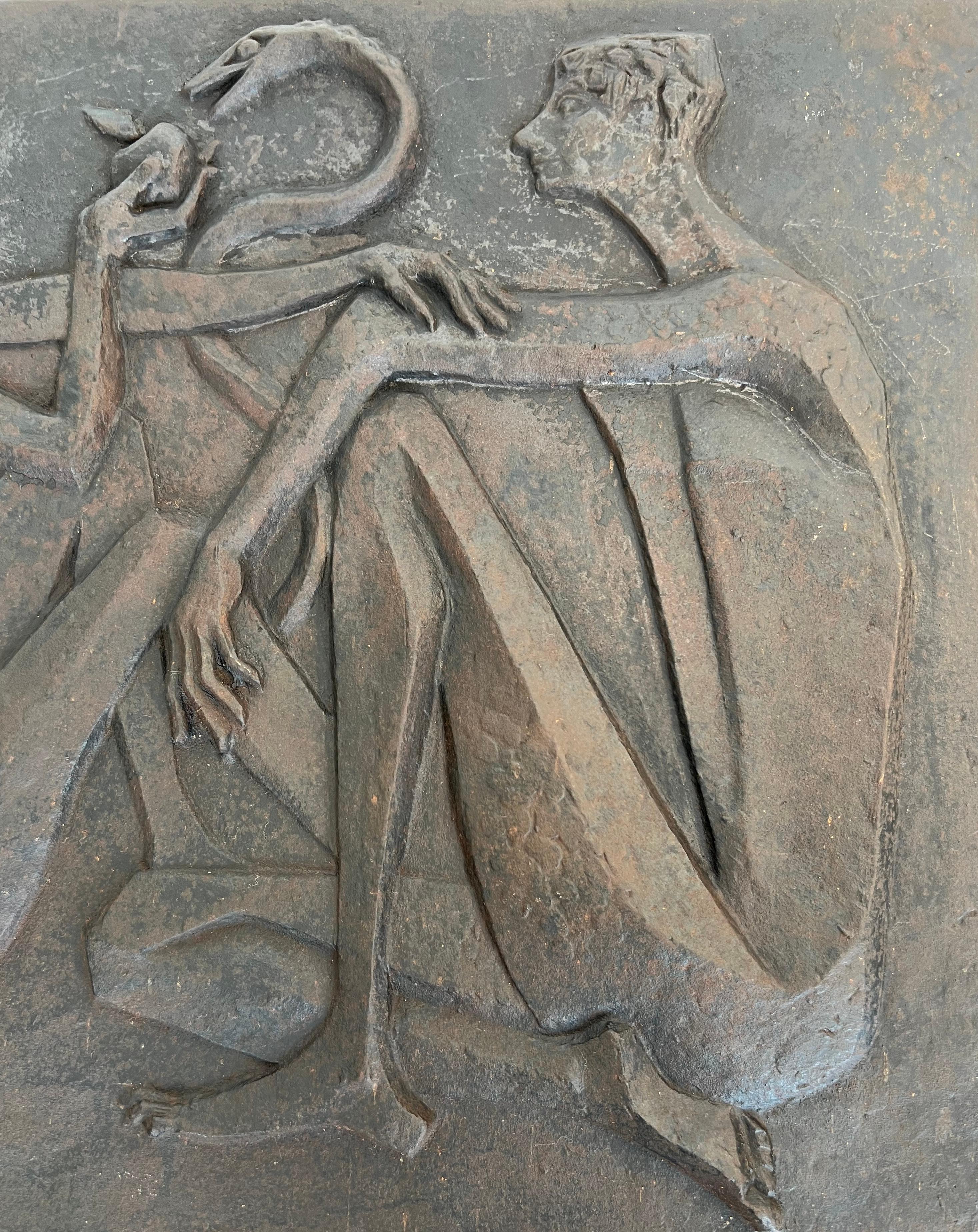 Modernist Cast Iron Fireback Representing Adam and Eve, the Apple and the Snake. For Sale 4