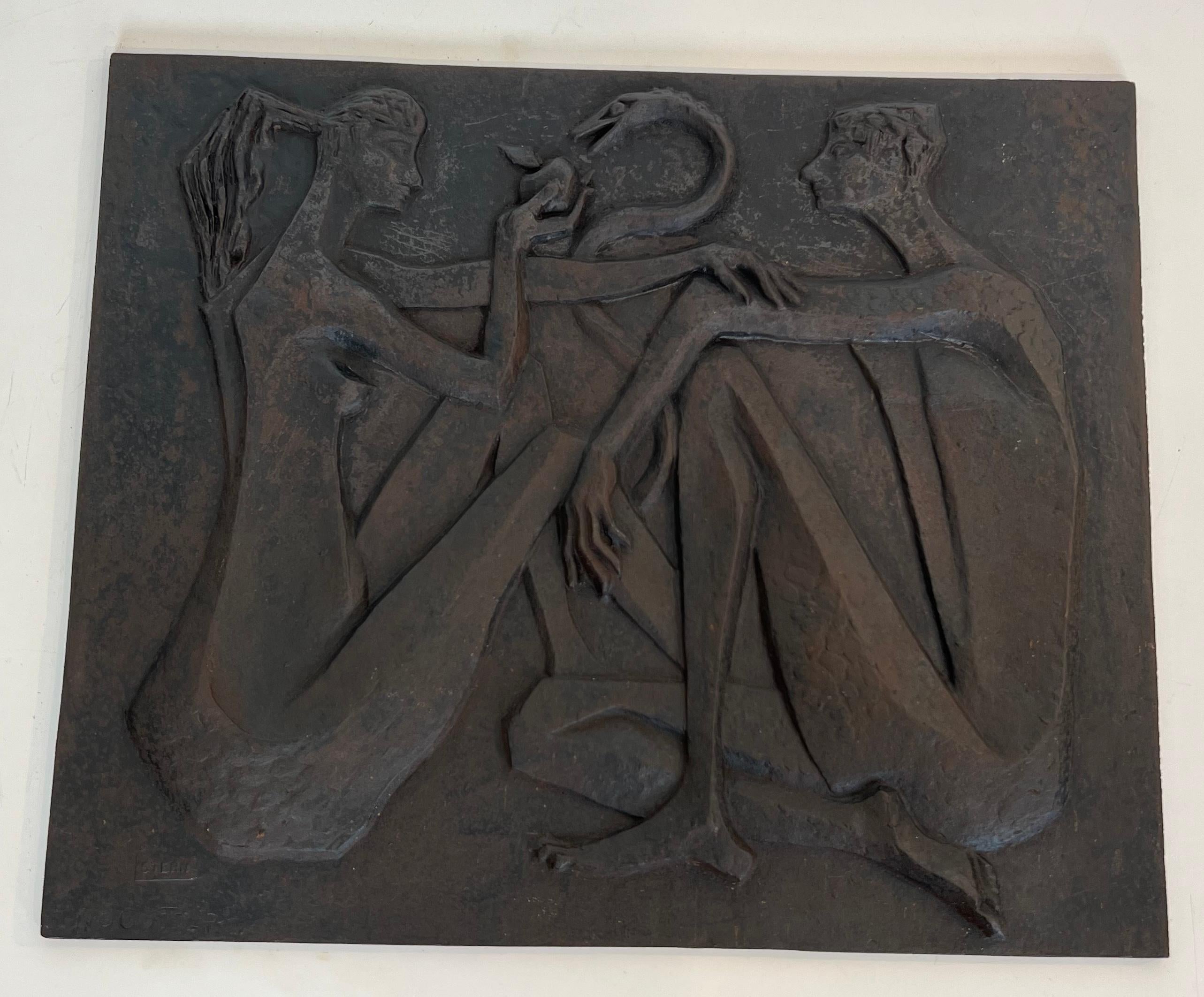 Modernist Cast Iron Fireback Representing Adam and Eve, the Apple and the Snake. For Sale 6