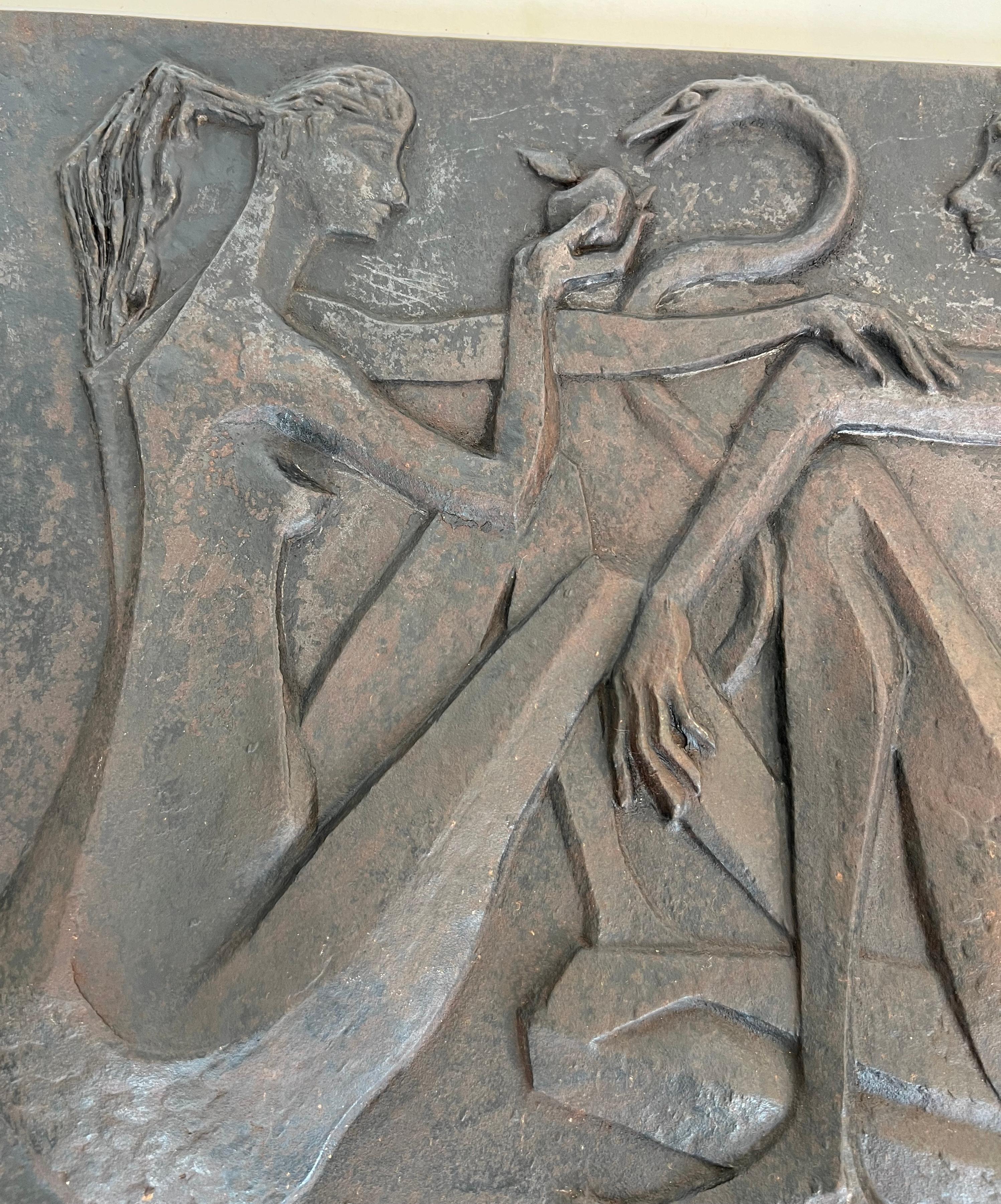 Modernist Cast Iron Fireback Representing Adam and Eve, the Apple and the Snake. For Sale 7