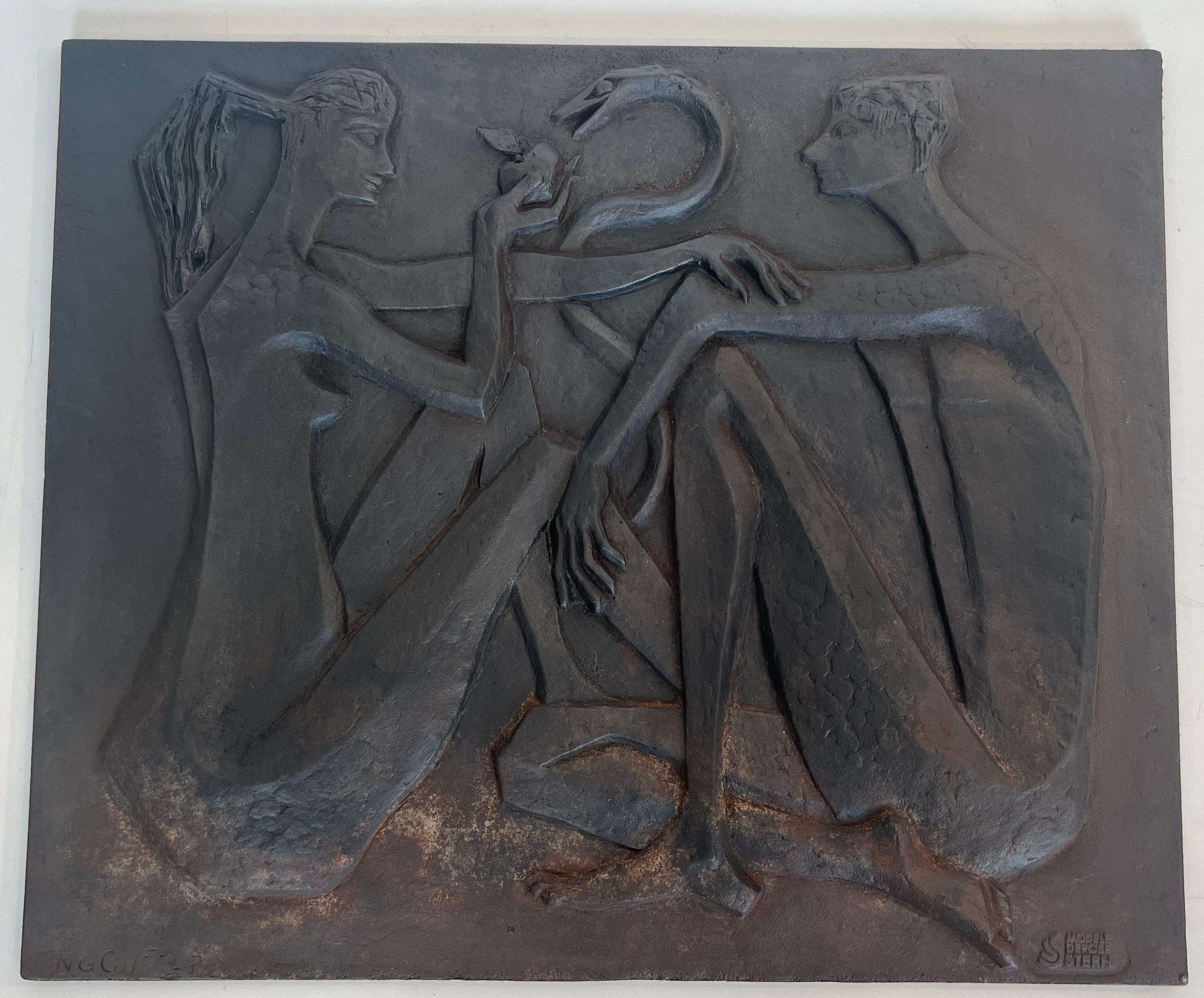 Modernist Cast Iron Fireback Representing Adam and Eve, The Apple And The Snake. For Sale 7