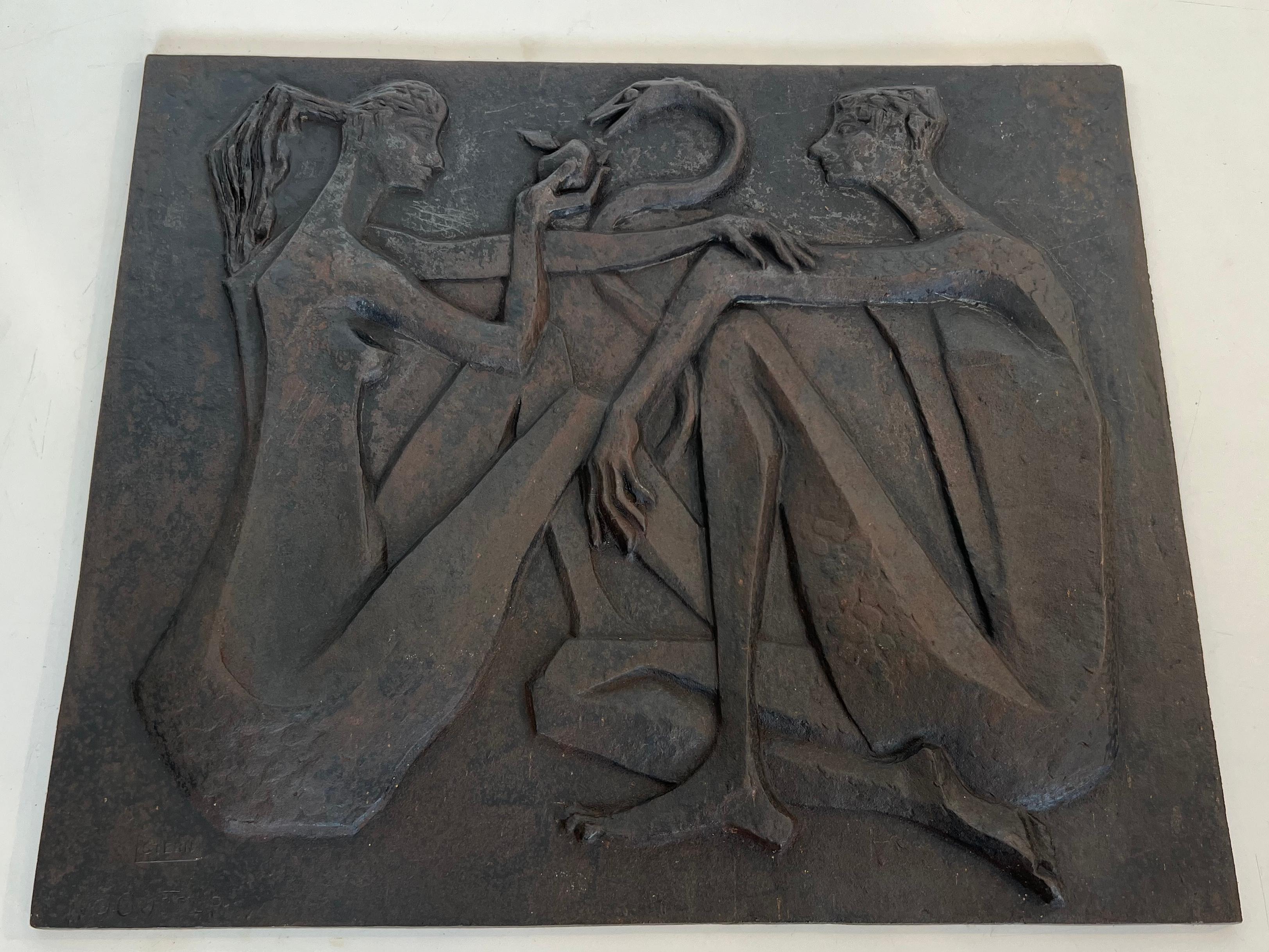 Modernist Cast Iron Fireback Representing Adam and Eve, the Apple and the Snake. For Sale 10