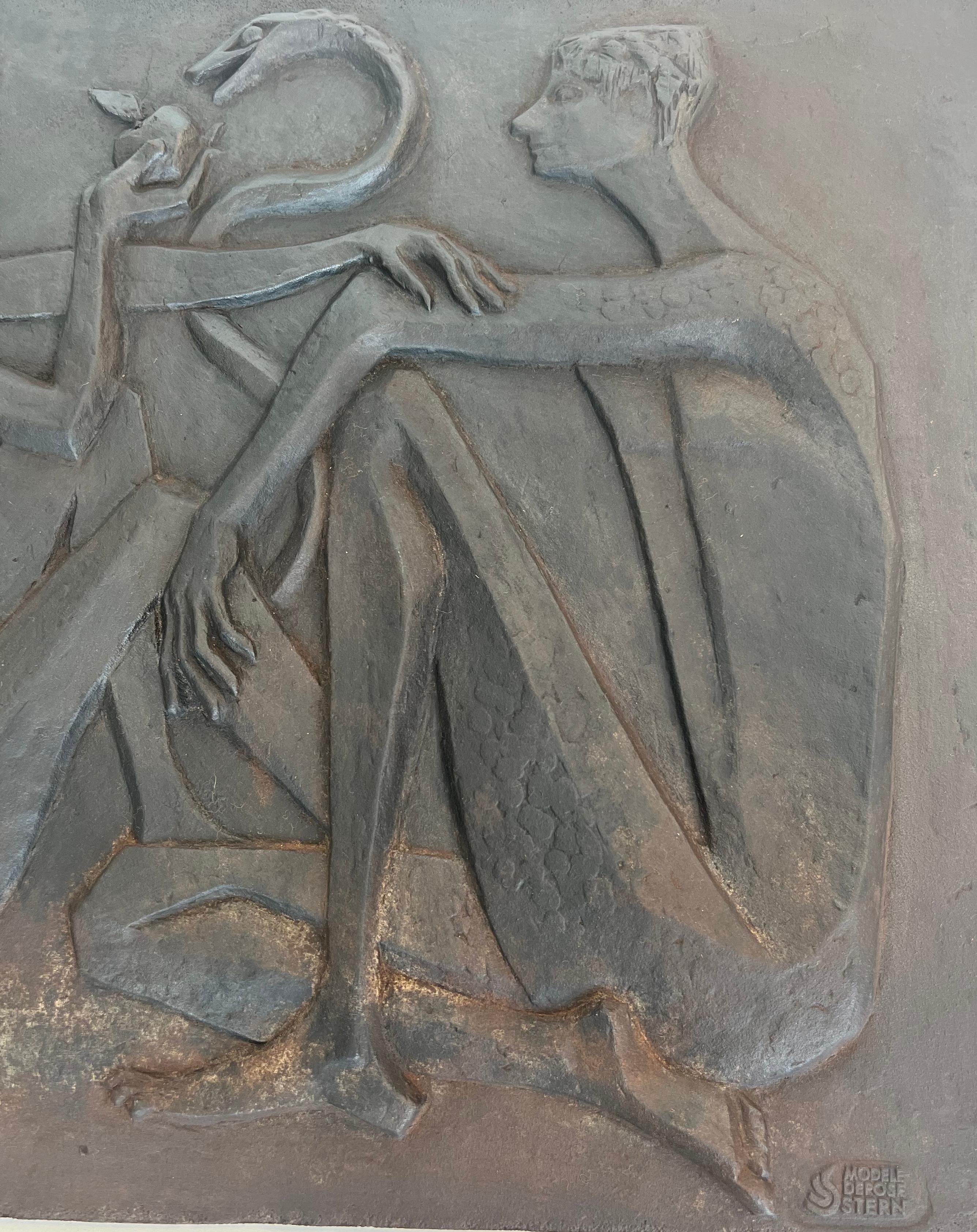 Modernist Cast Iron Fireback Representing Adam and Eve, The Apple And The Snake. For Sale 10