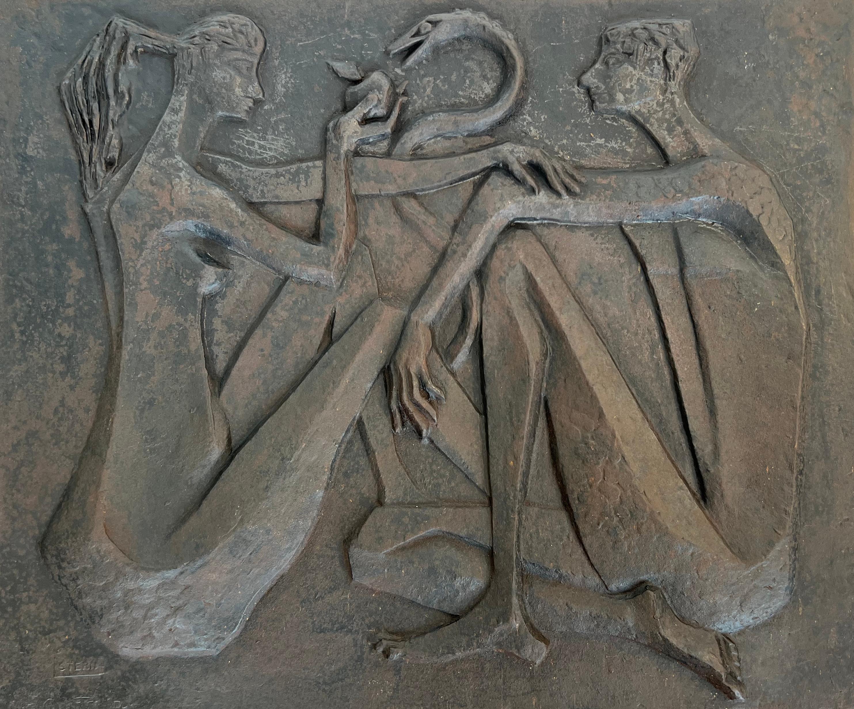 Modernist Cast Iron Fireback Representing Adam and Eve, the Apple and the Snake. For Sale 11