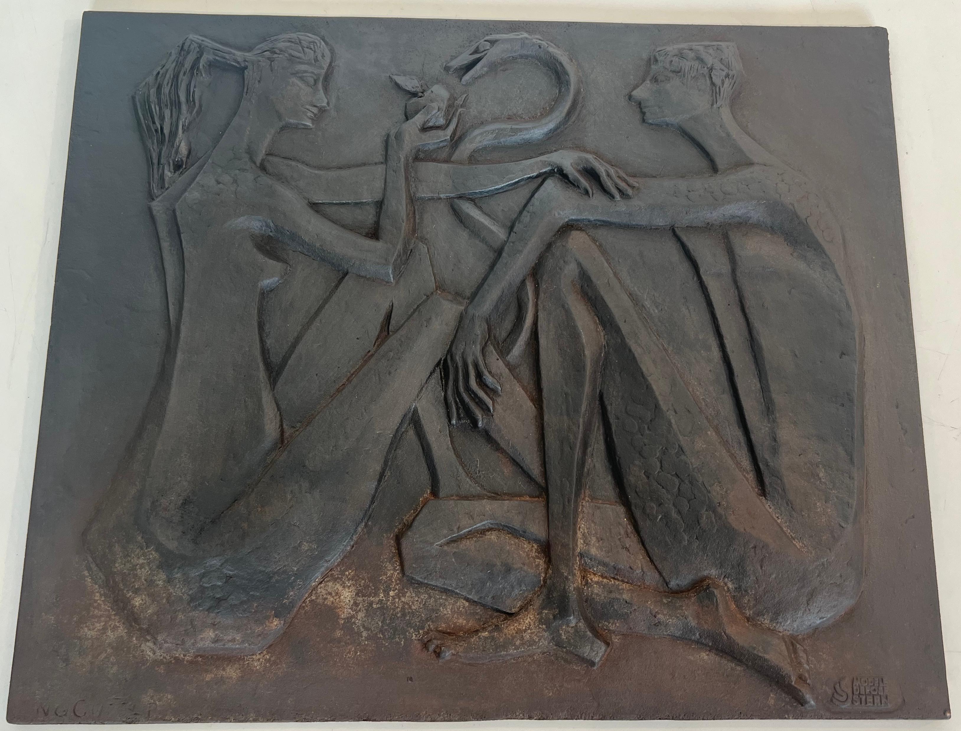 Modernist Cast Iron Fireback Representing Adam and Eve, The Apple And The Snake. For Sale 12