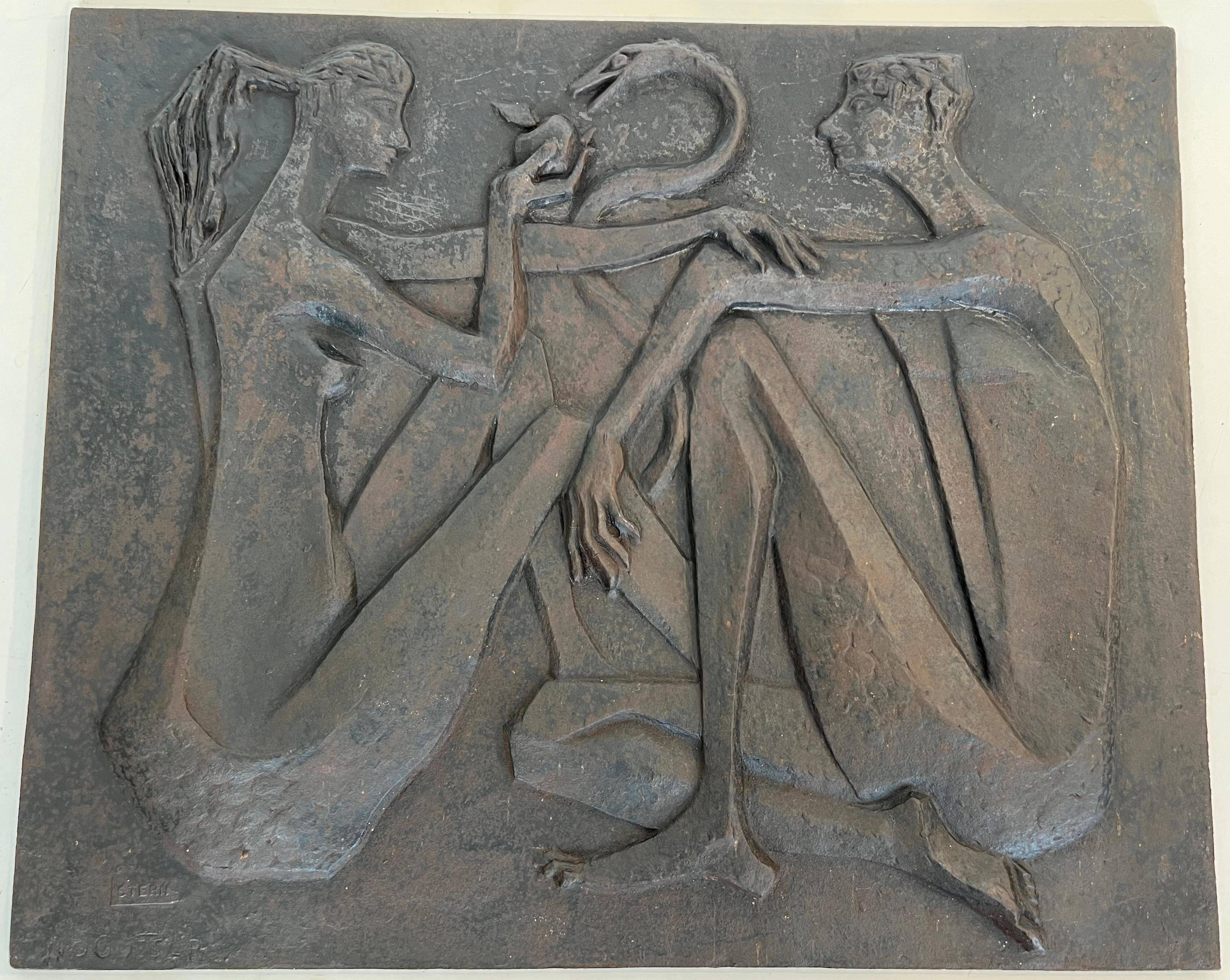 This very nice and interesting modernist fireback is made of cast iron. The fireback represents Adam and Eve, the apple and the snake. This is a French work Signed and edited by Stern. Circa 1970