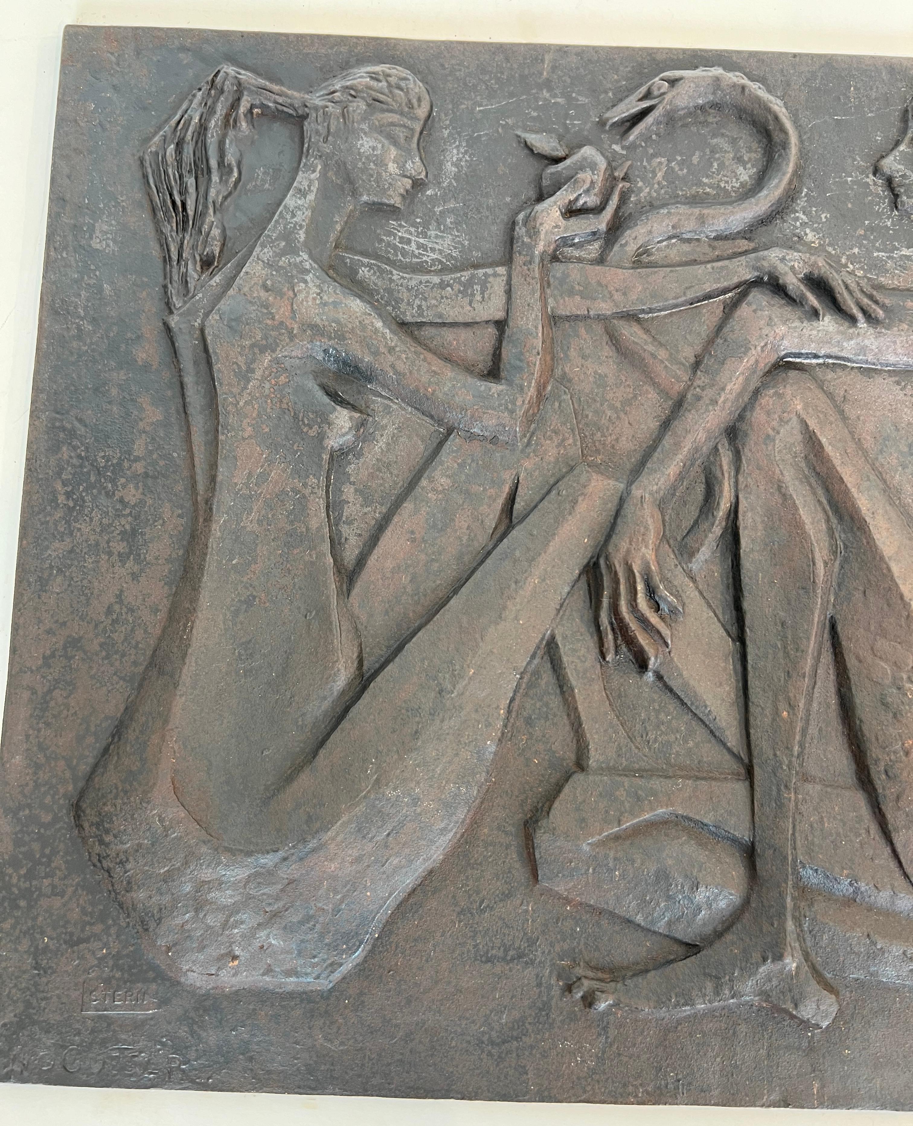 Mid-Century Modern Modernist Cast Iron Fireback Representing Adam and Eve, the Apple and the Snake. For Sale