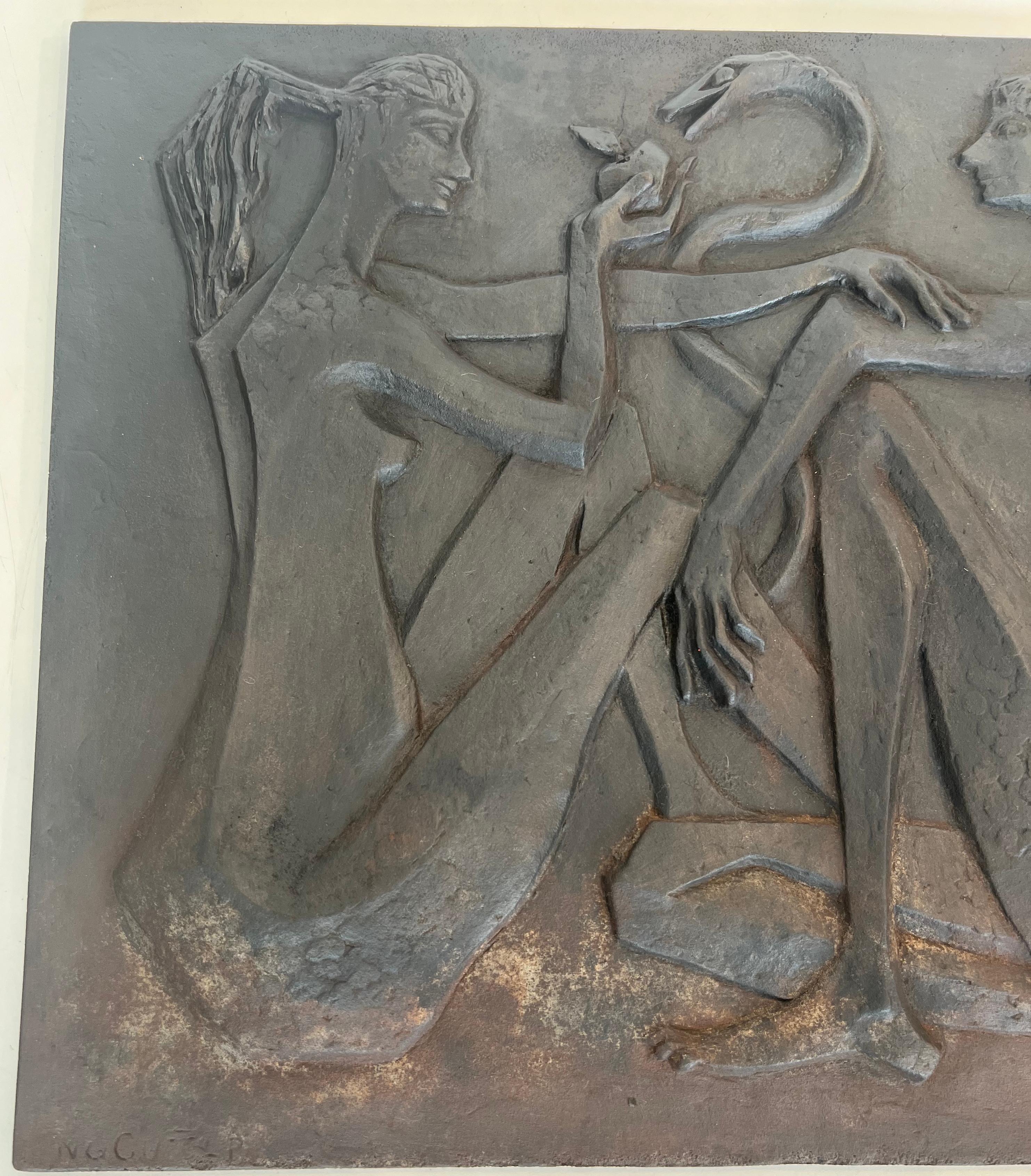 Mid-Century Modern Modernist Cast Iron Fireback Representing Adam and Eve, The Apple And The Snake. For Sale