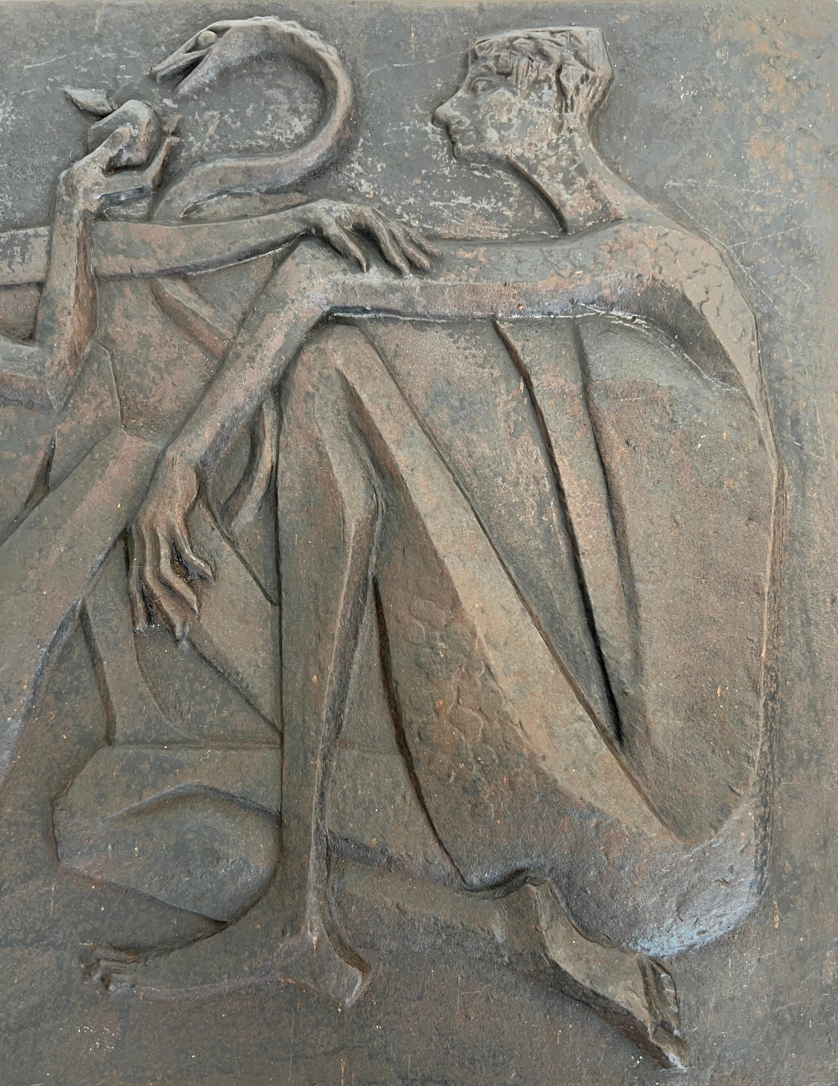 French Modernist Cast Iron Fireback Representing Adam and Eve, the Apple and the Snake. For Sale