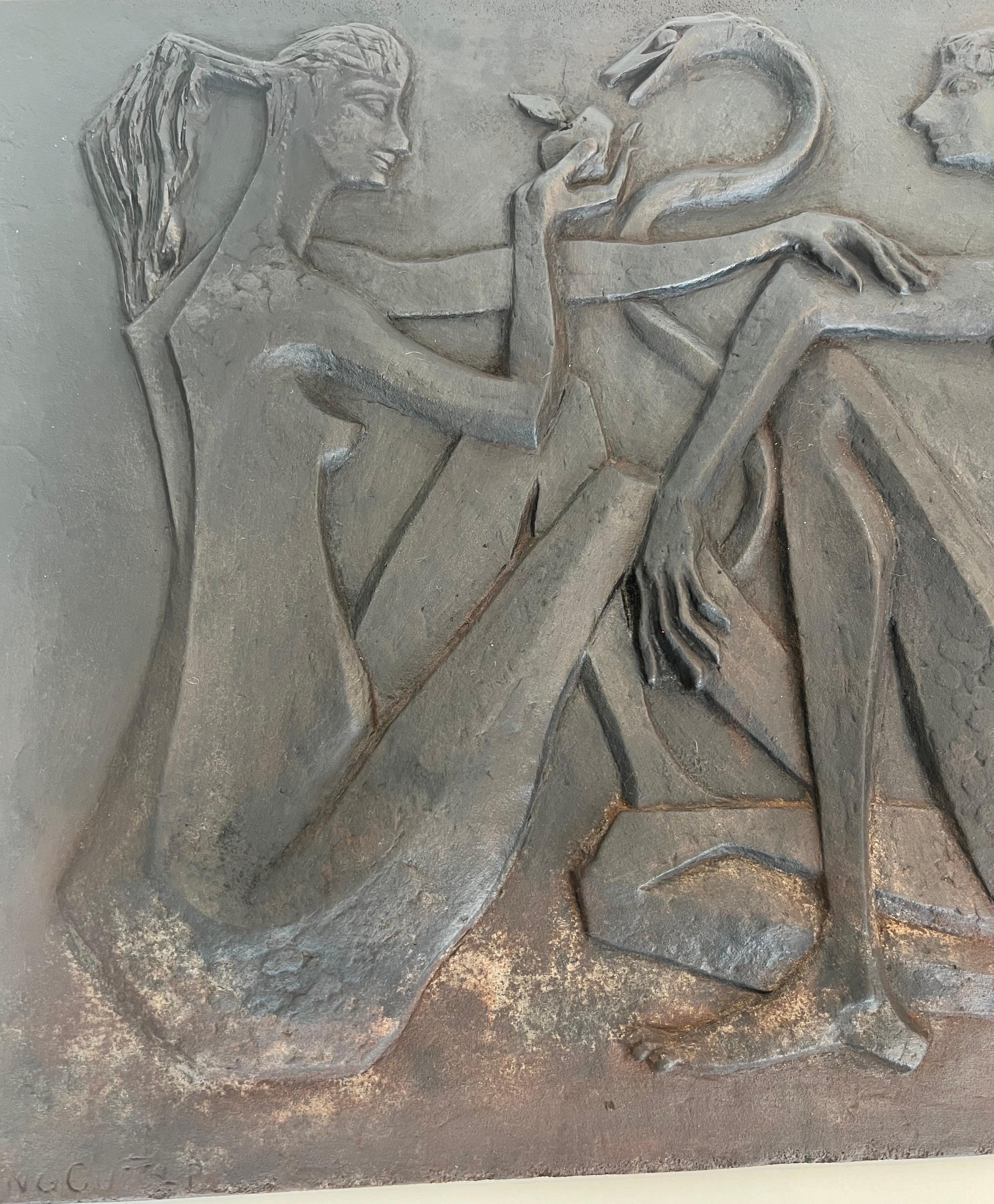 French Modernist Cast Iron Fireback Representing Adam and Eve, The Apple And The Snake. For Sale