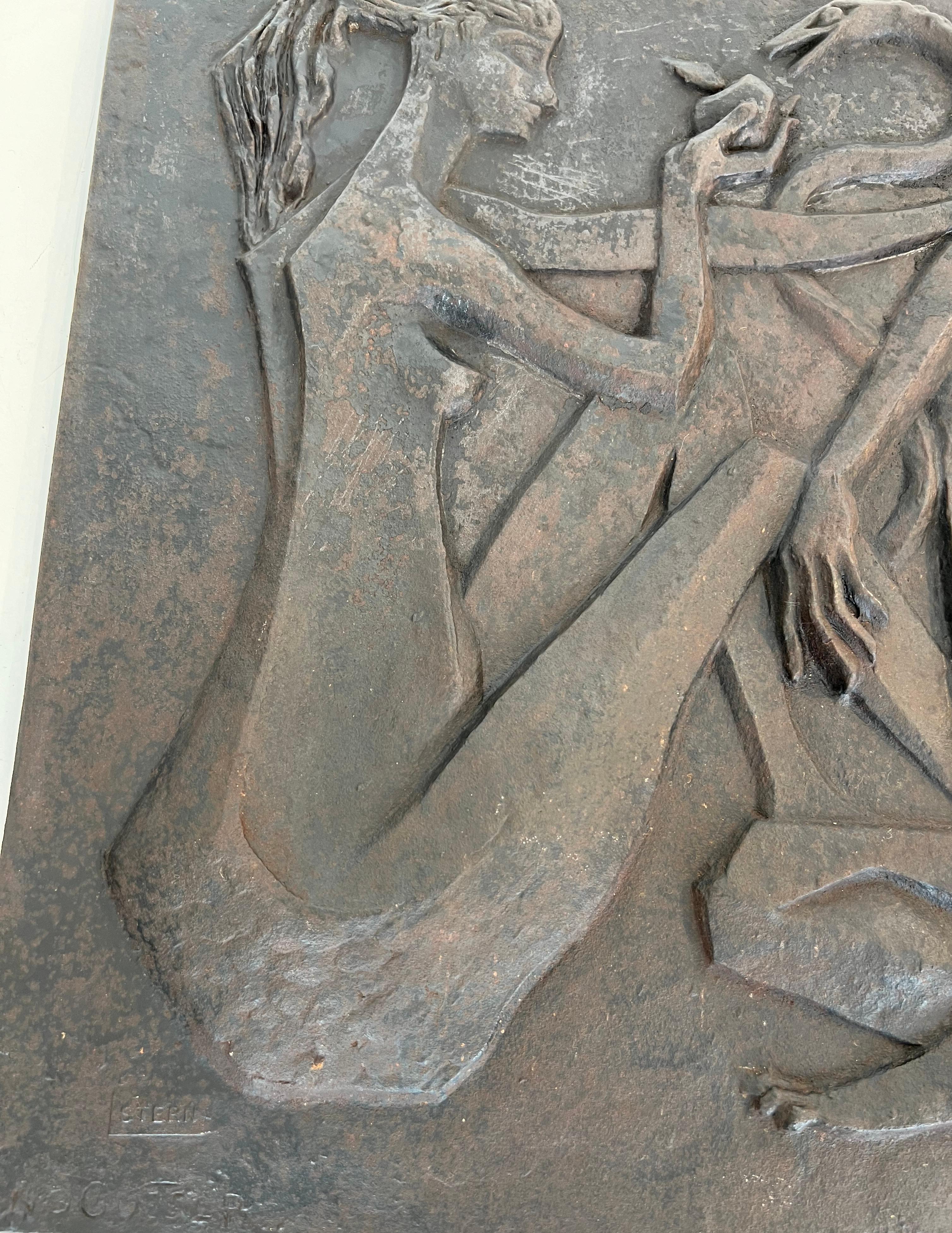 Late 20th Century Modernist Cast Iron Fireback Representing Adam and Eve, the Apple and the Snake. For Sale