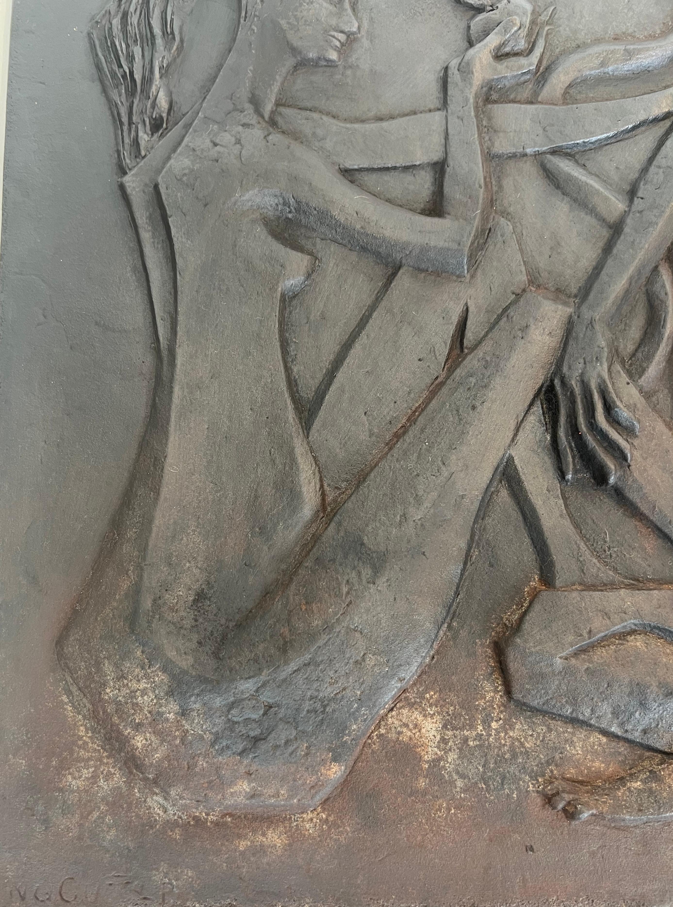 Late 20th Century Modernist Cast Iron Fireback Representing Adam and Eve, The Apple And The Snake. For Sale