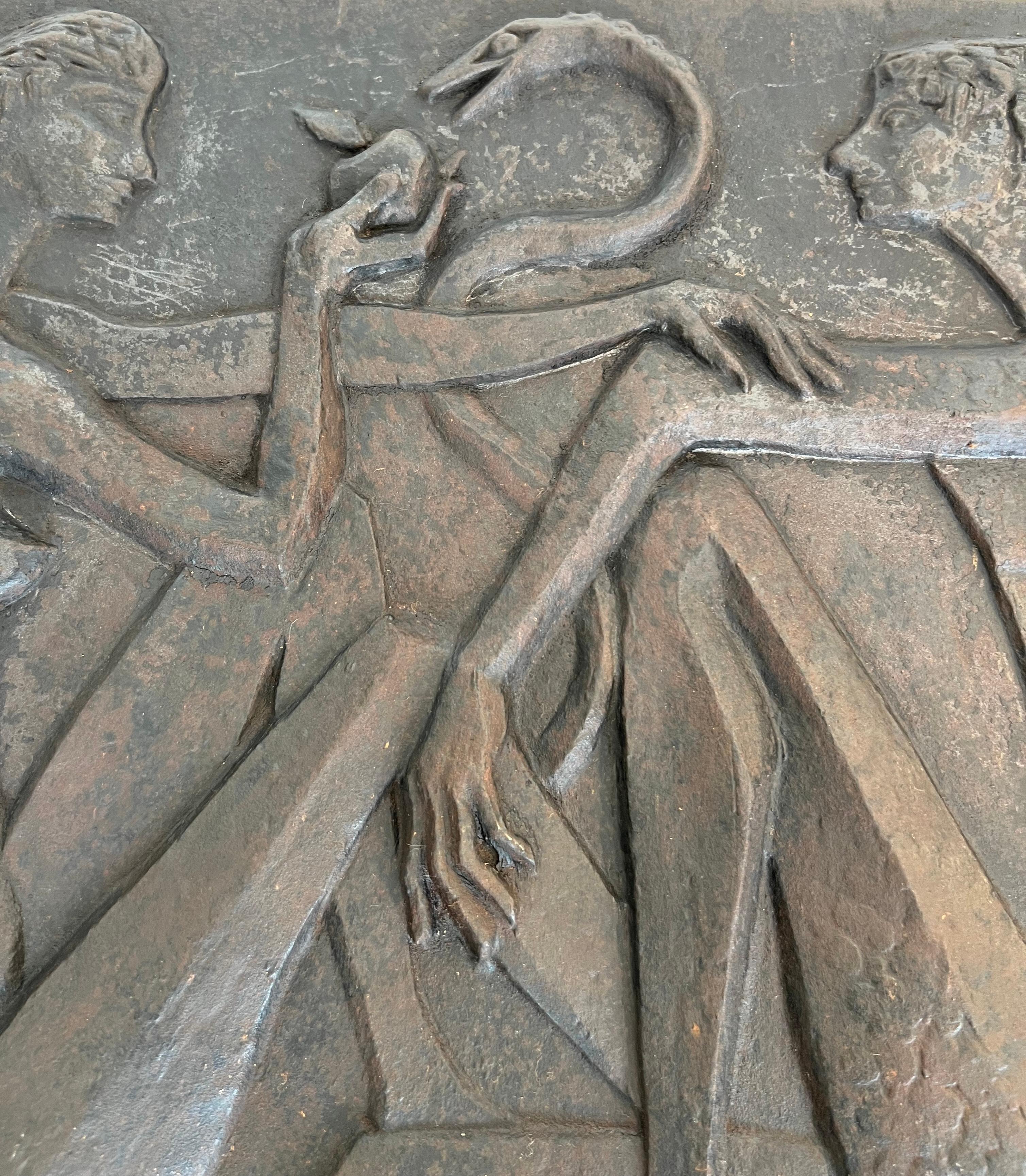 Modernist Cast Iron Fireback Representing Adam and Eve, the Apple and the Snake. For Sale 1