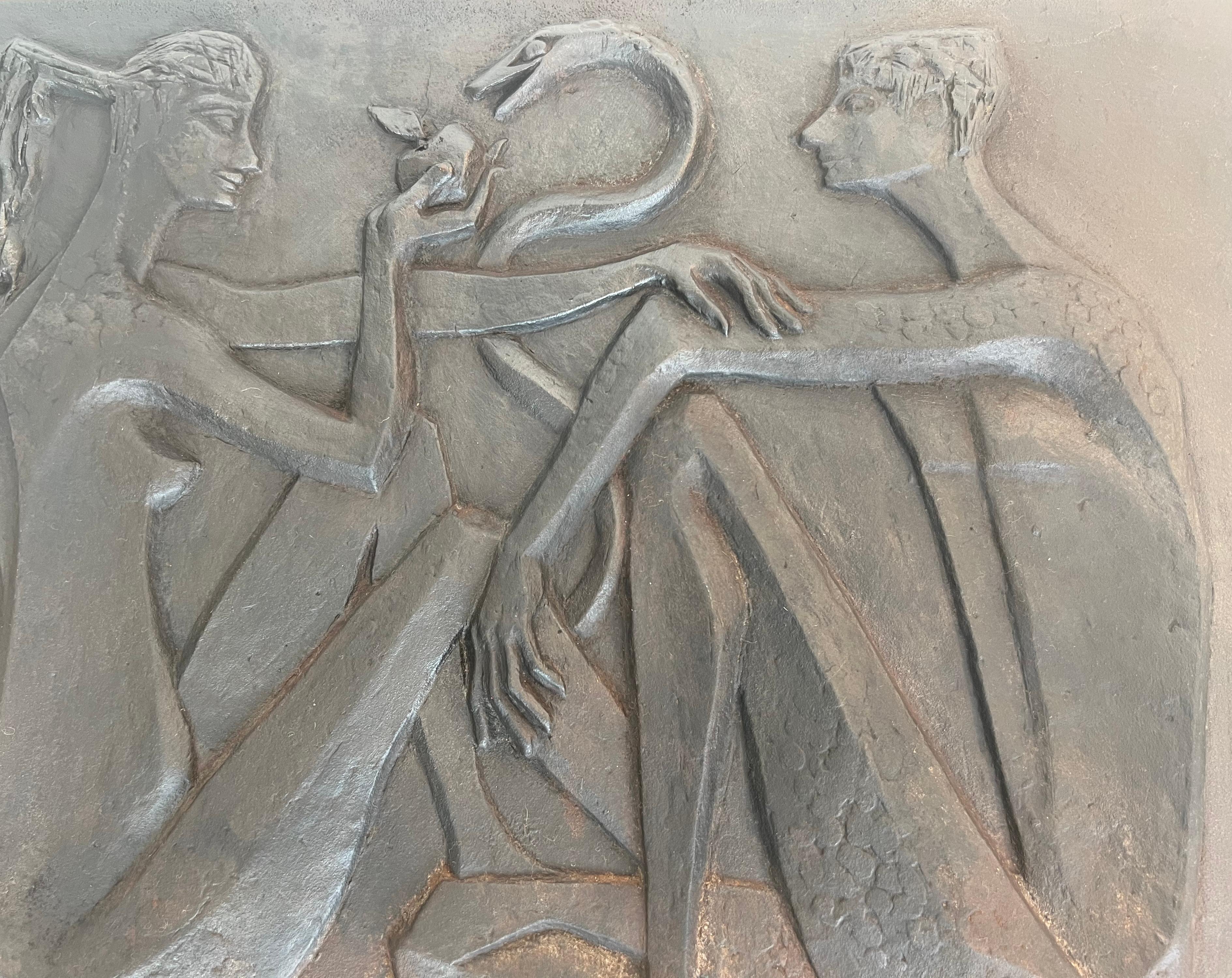 Modernist Cast Iron Fireback Representing Adam and Eve, The Apple And The Snake. For Sale 1