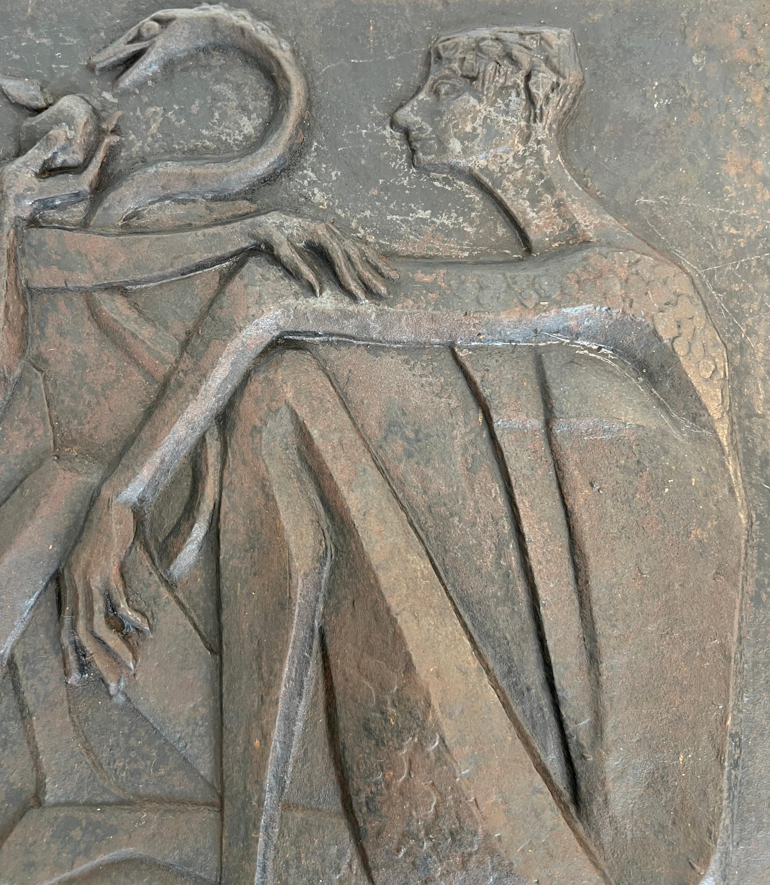 Modernist Cast Iron Fireback Representing Adam and Eve, the Apple and the Snake. For Sale 2