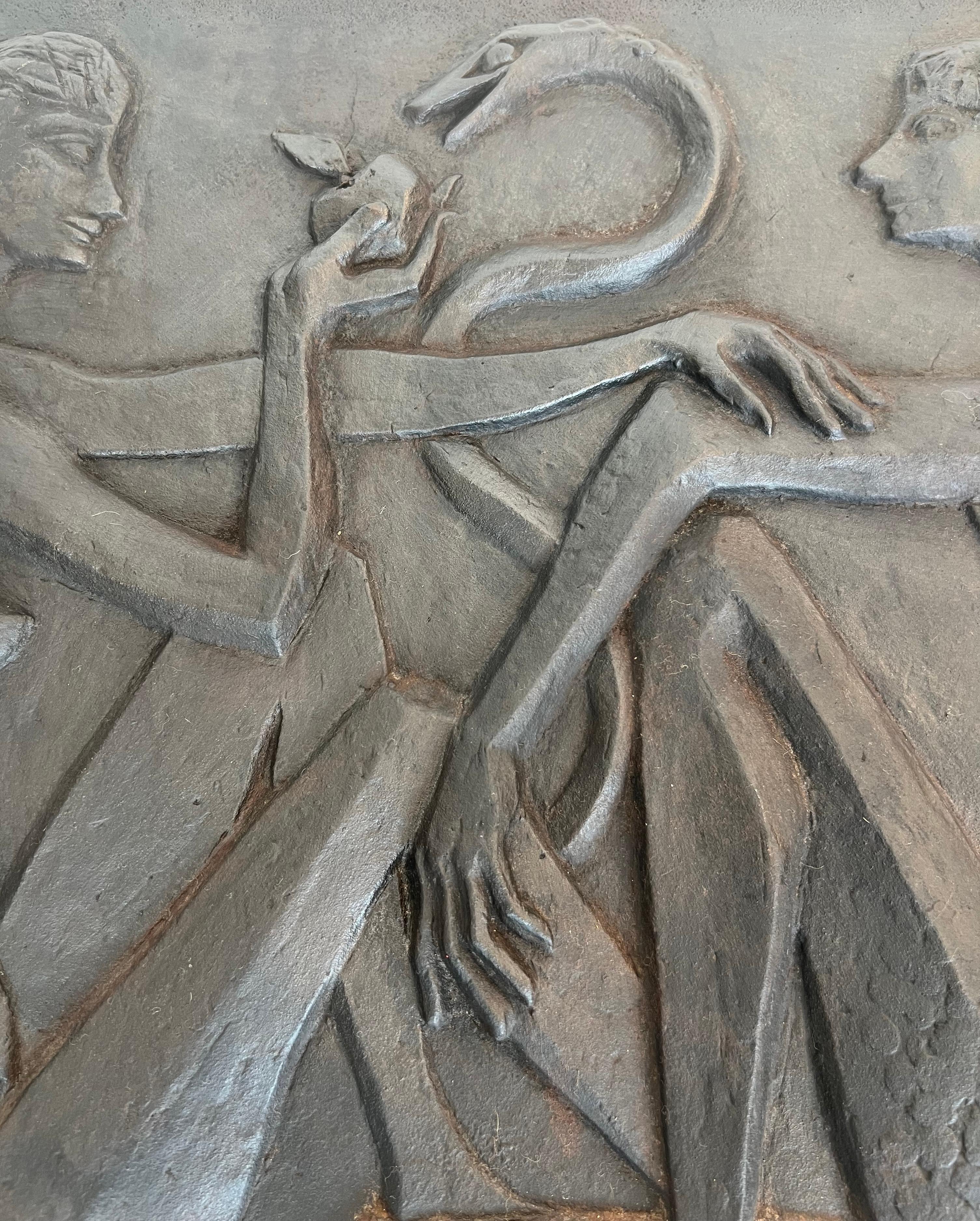 Modernist Cast Iron Fireback Representing Adam and Eve, The Apple And The Snake. For Sale 2