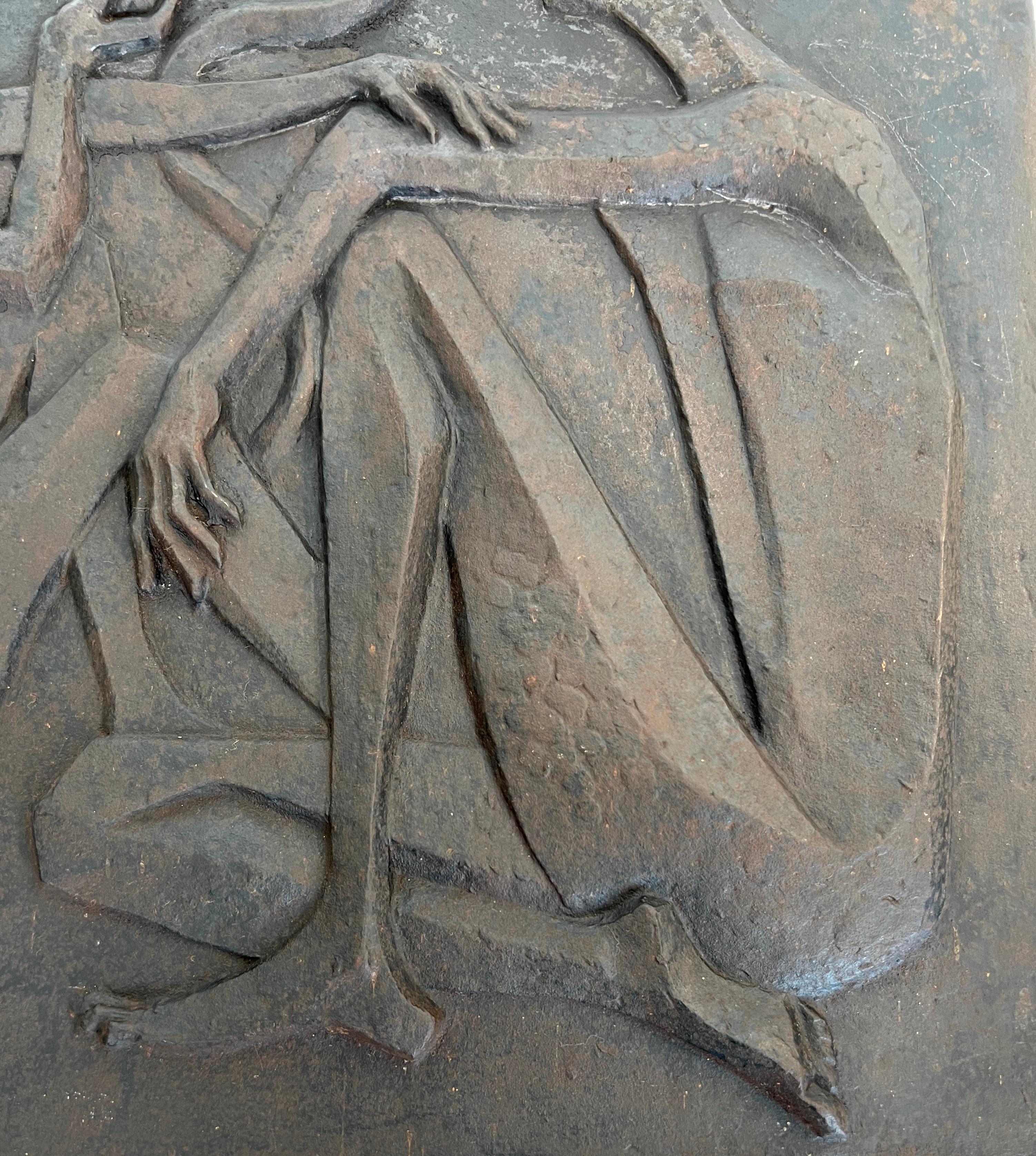 Modernist Cast Iron Fireback Representing Adam and Eve, the Apple and the Snake. For Sale 3