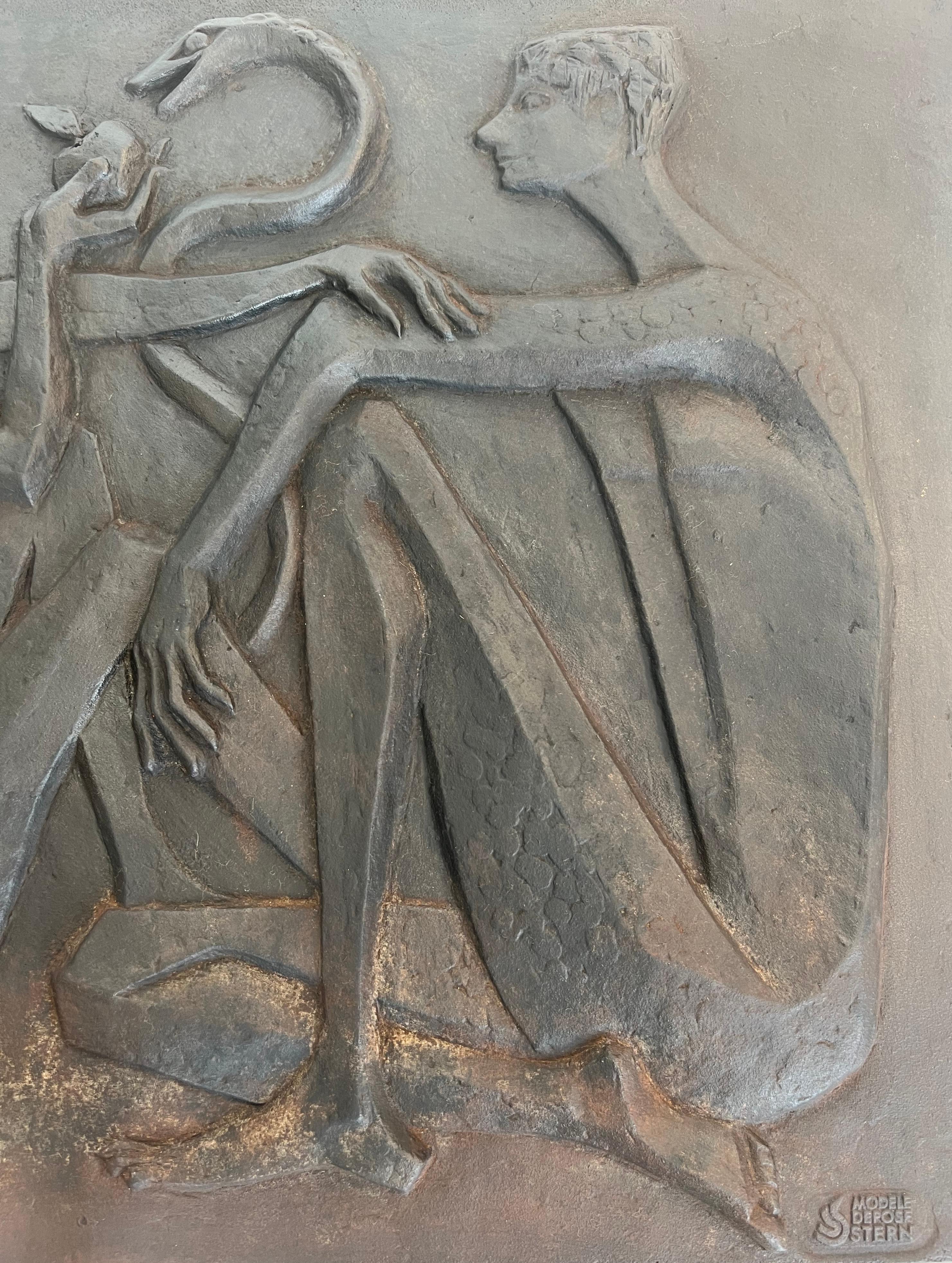 Modernist Cast Iron Fireback Representing Adam and Eve, The Apple And The Snake. For Sale 3
