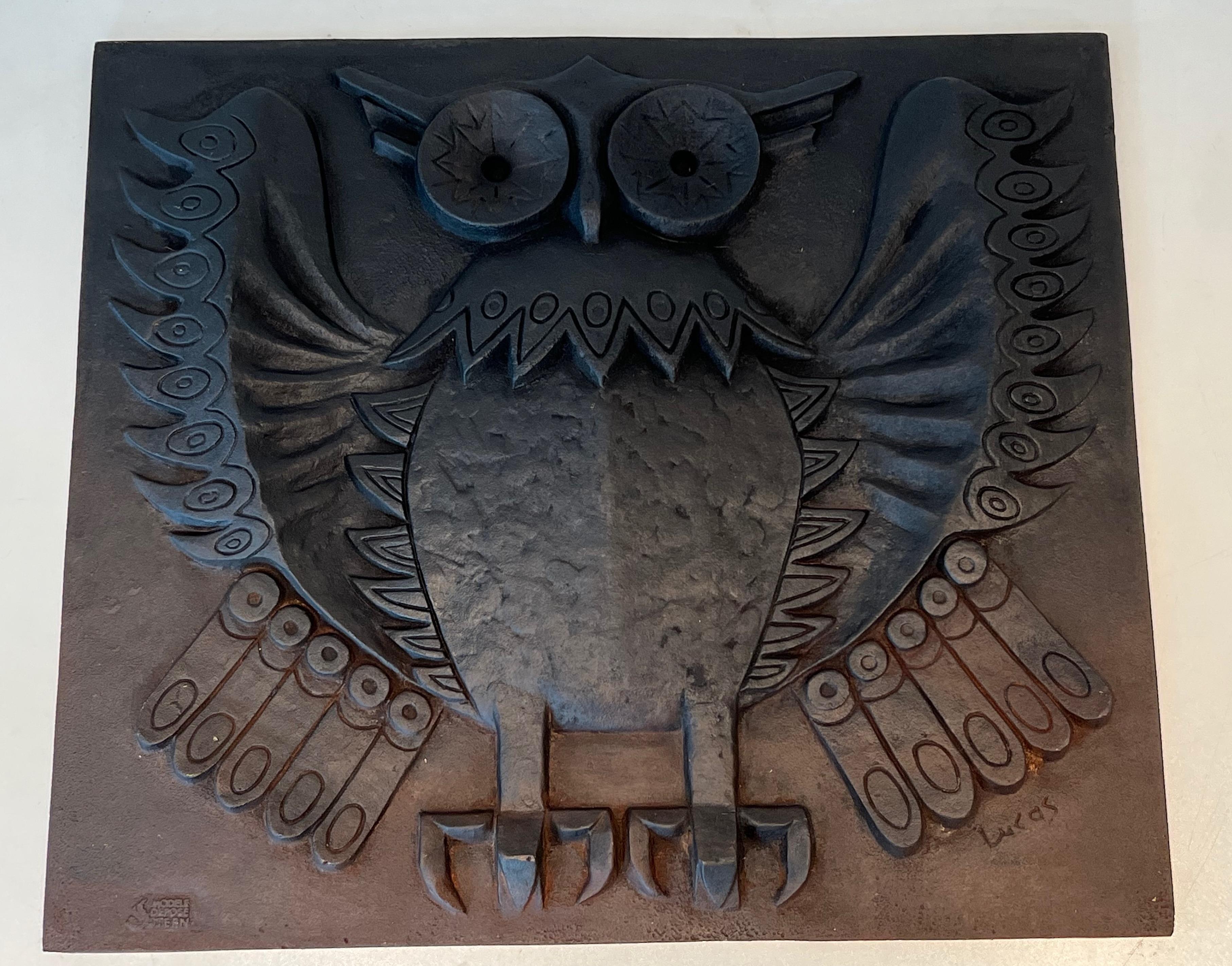 Modernist Cast Iron Fireback Showing an Owl For Sale 7