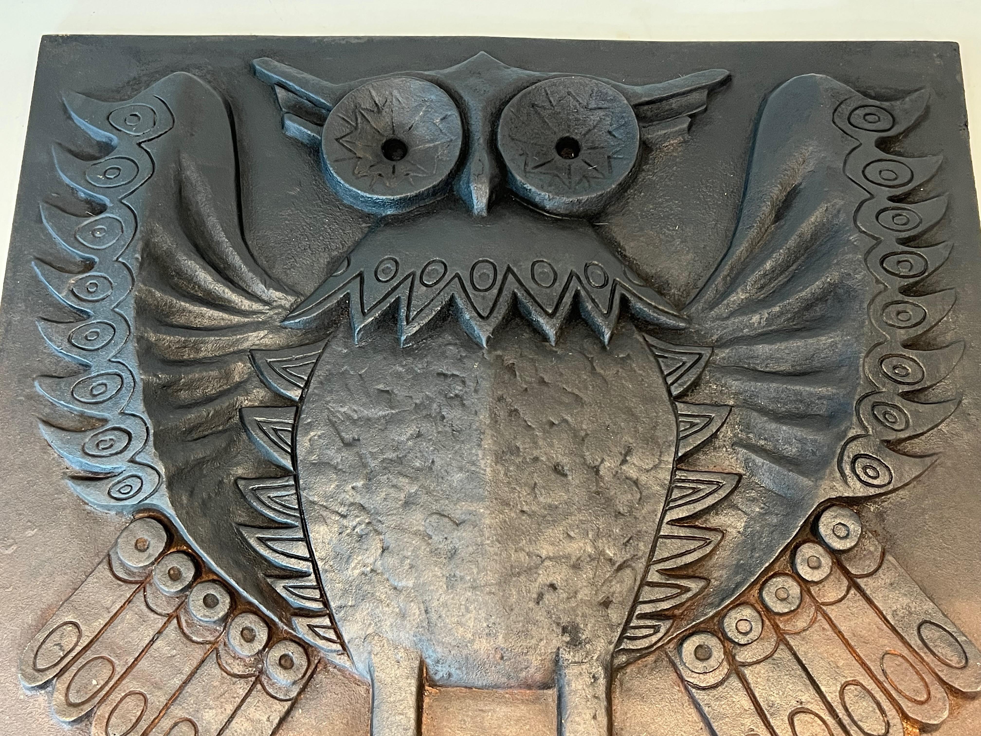 French Modernist Cast Iron Fireback Showing an Owl