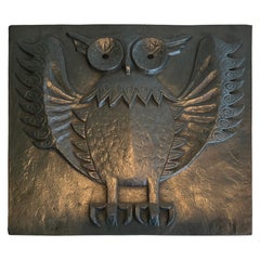 Modernist Cast Iron Fireback Showing an Owl
