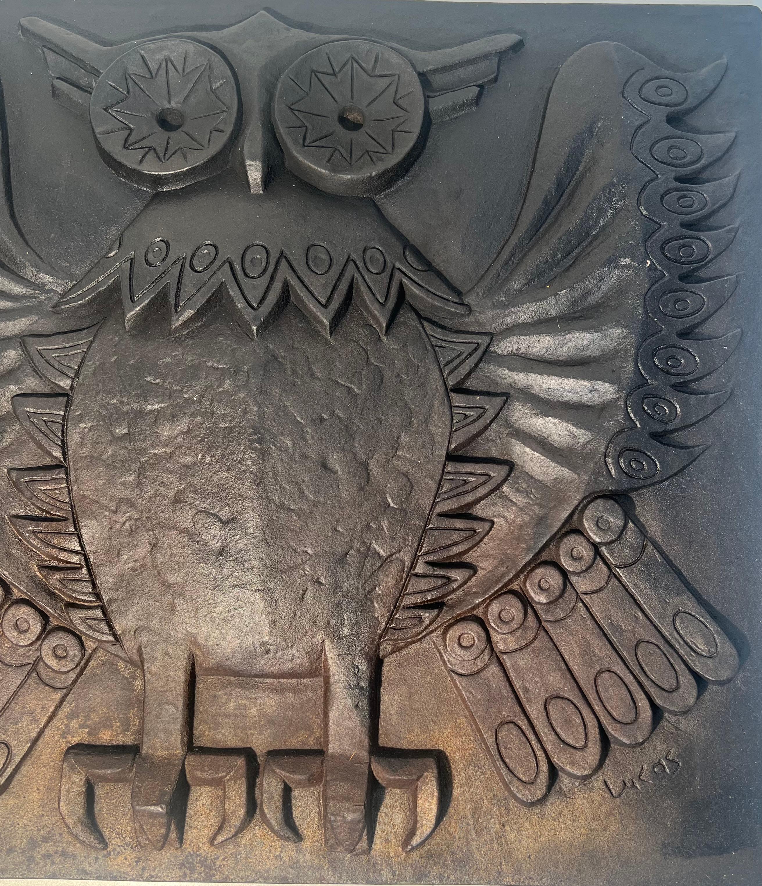 Modernist Cast Iron Fireback Showing an Owl Signed by Lucas For Stern For Sale 9