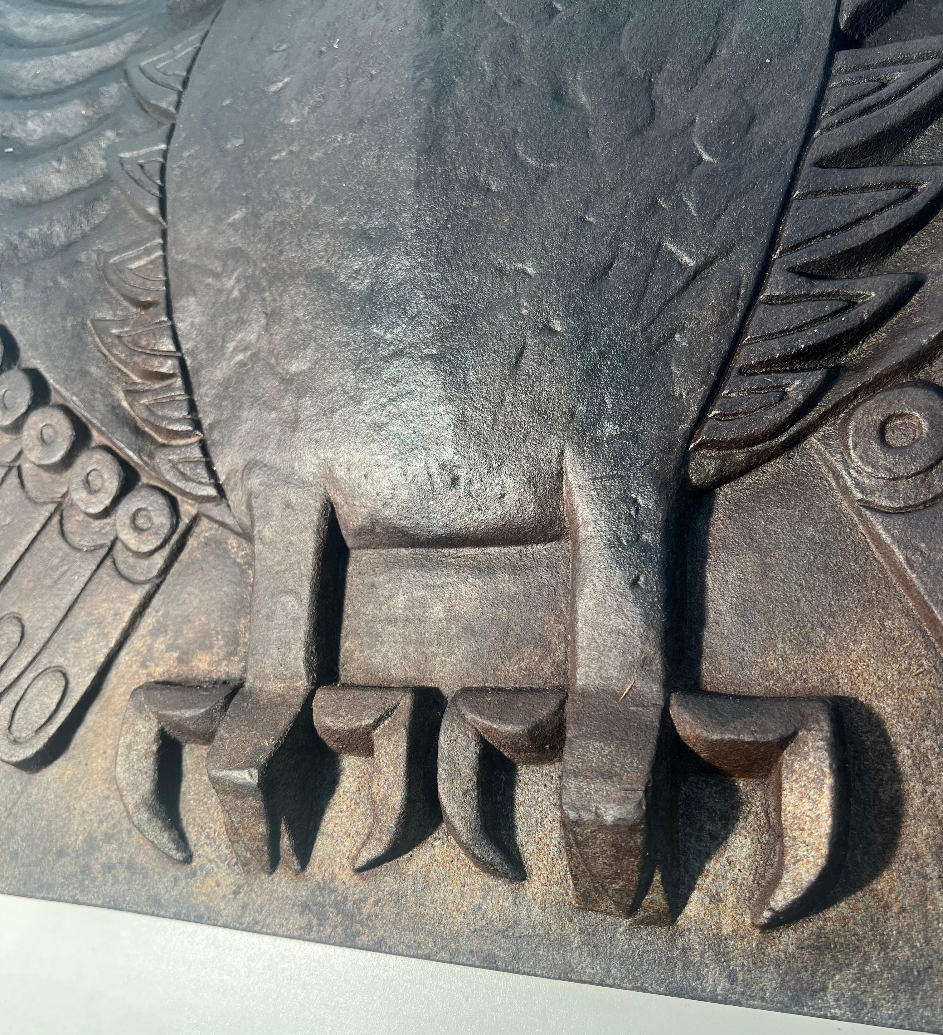 Modernist Cast Iron Fireback Showing an Owl Signed by Lucas For Stern For Sale 11