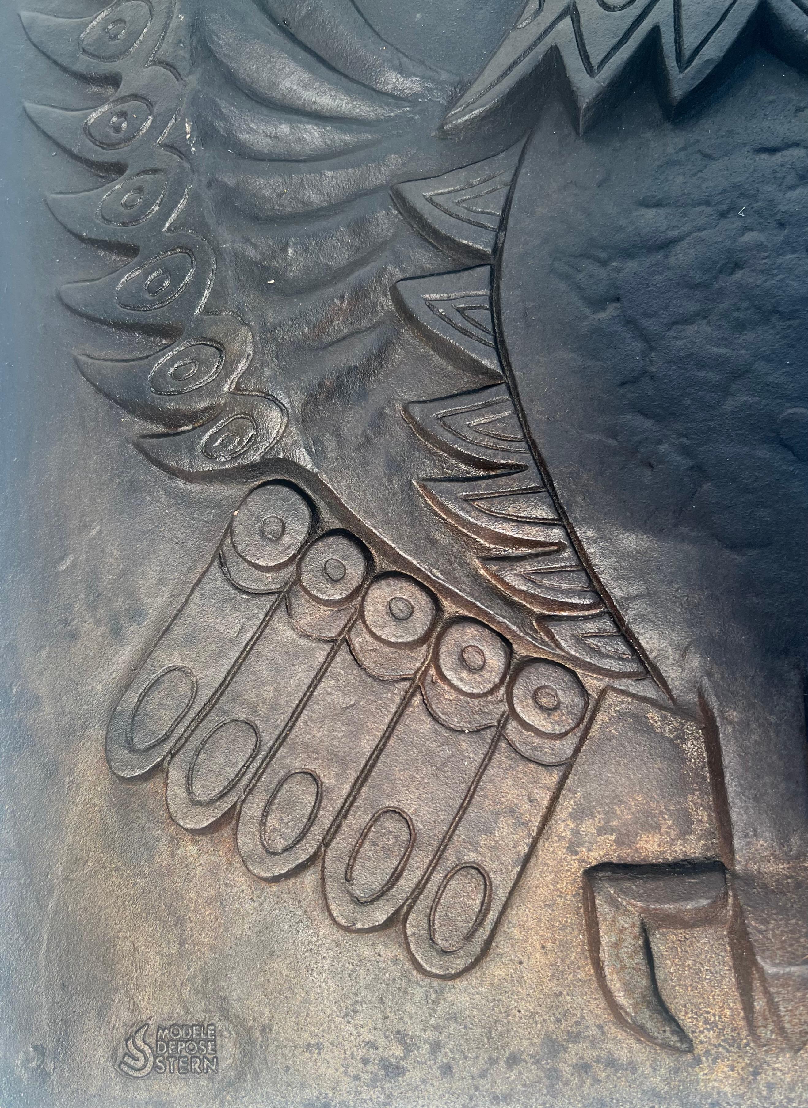 French Modernist Cast Iron Fireback Showing an Owl Signed by Lucas For Stern For Sale
