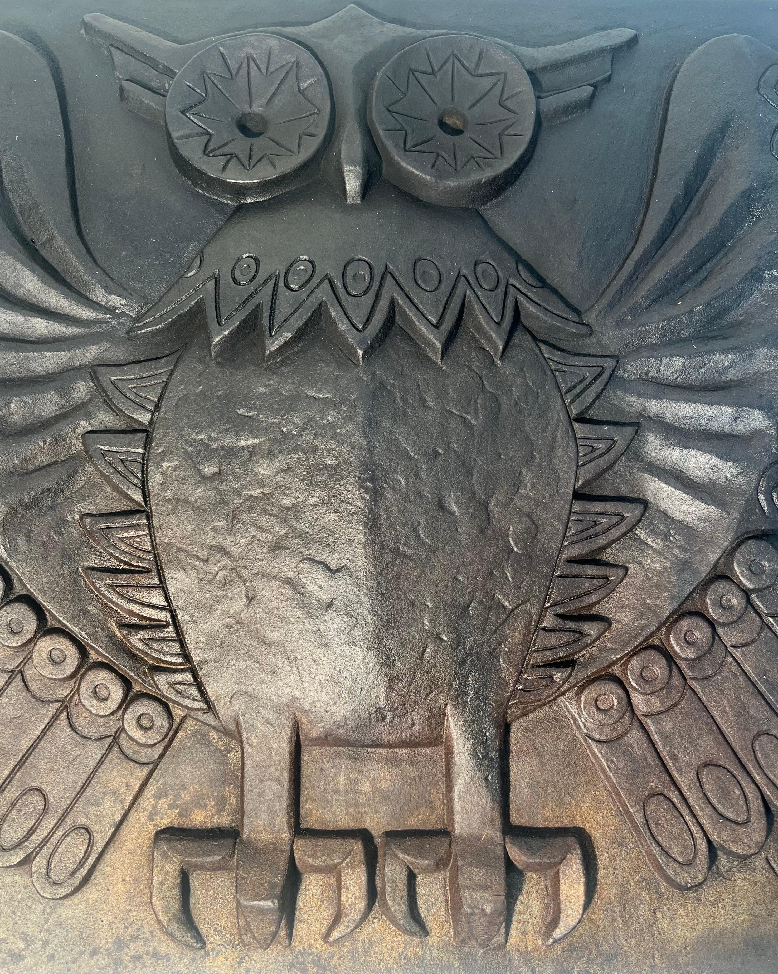 Late 20th Century Modernist Cast Iron Fireback Showing an Owl Signed by Lucas For Stern For Sale