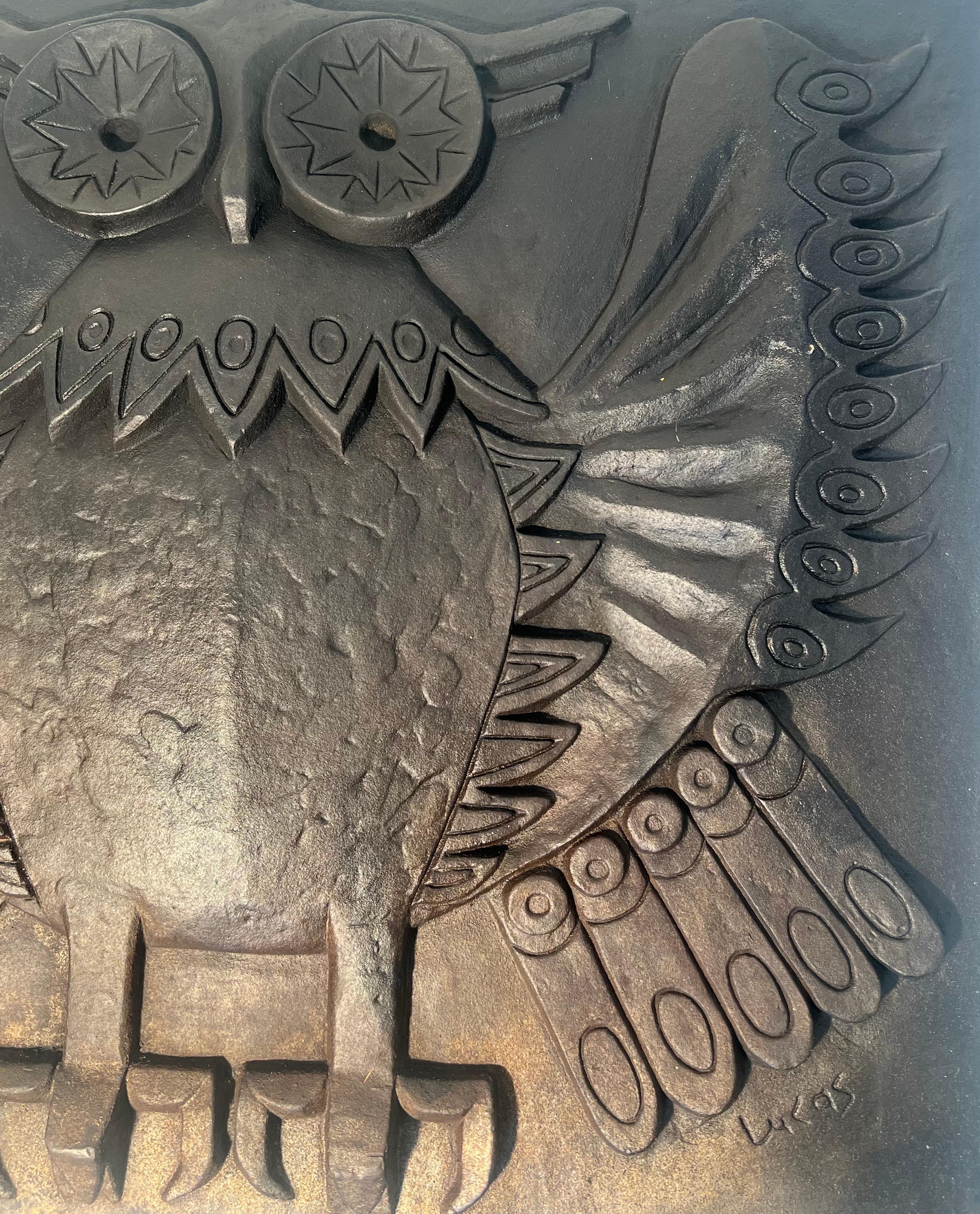 Modernist Cast Iron Fireback Showing an Owl Signed by Lucas For Stern For Sale 2