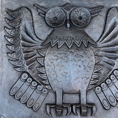 Modernist Cast Iron Fireback showing an Owl Signed Lucas by Foundery Stern